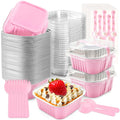 NPLUX 50 Pack Mini Cake Pans with Lids and Spoons Aluminum Foil Pans Square Cupcake Liners Brownie Baking Cups Disposable Ramekins Holders(Pink, 5oz)