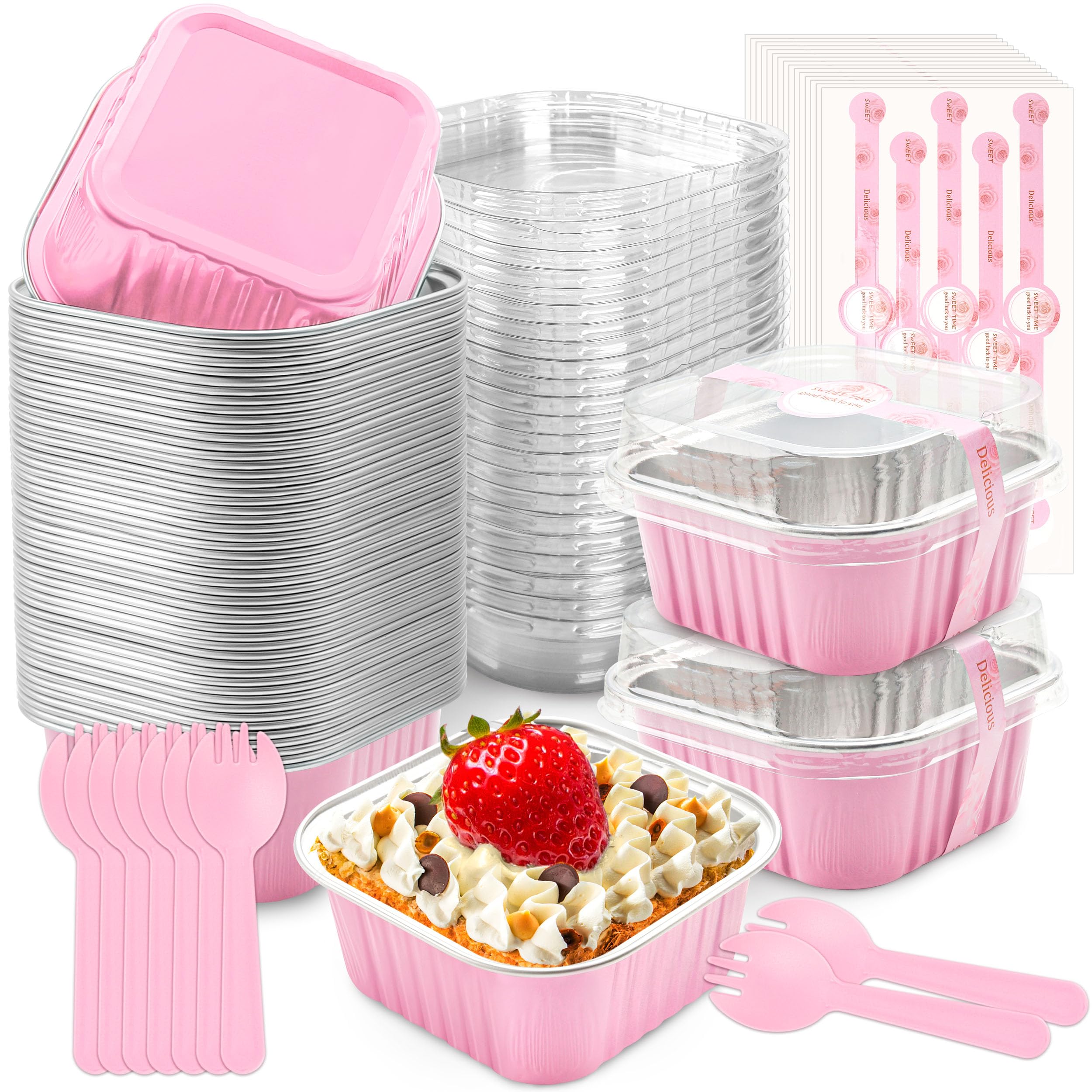 NPLUX 50 Pack Mini Cake Pans with Lids and Spoons Aluminum Foil Pans Square Cupcake Liners Brownie Baking Cups Disposable Ramekins Holders(Pink, 5oz)