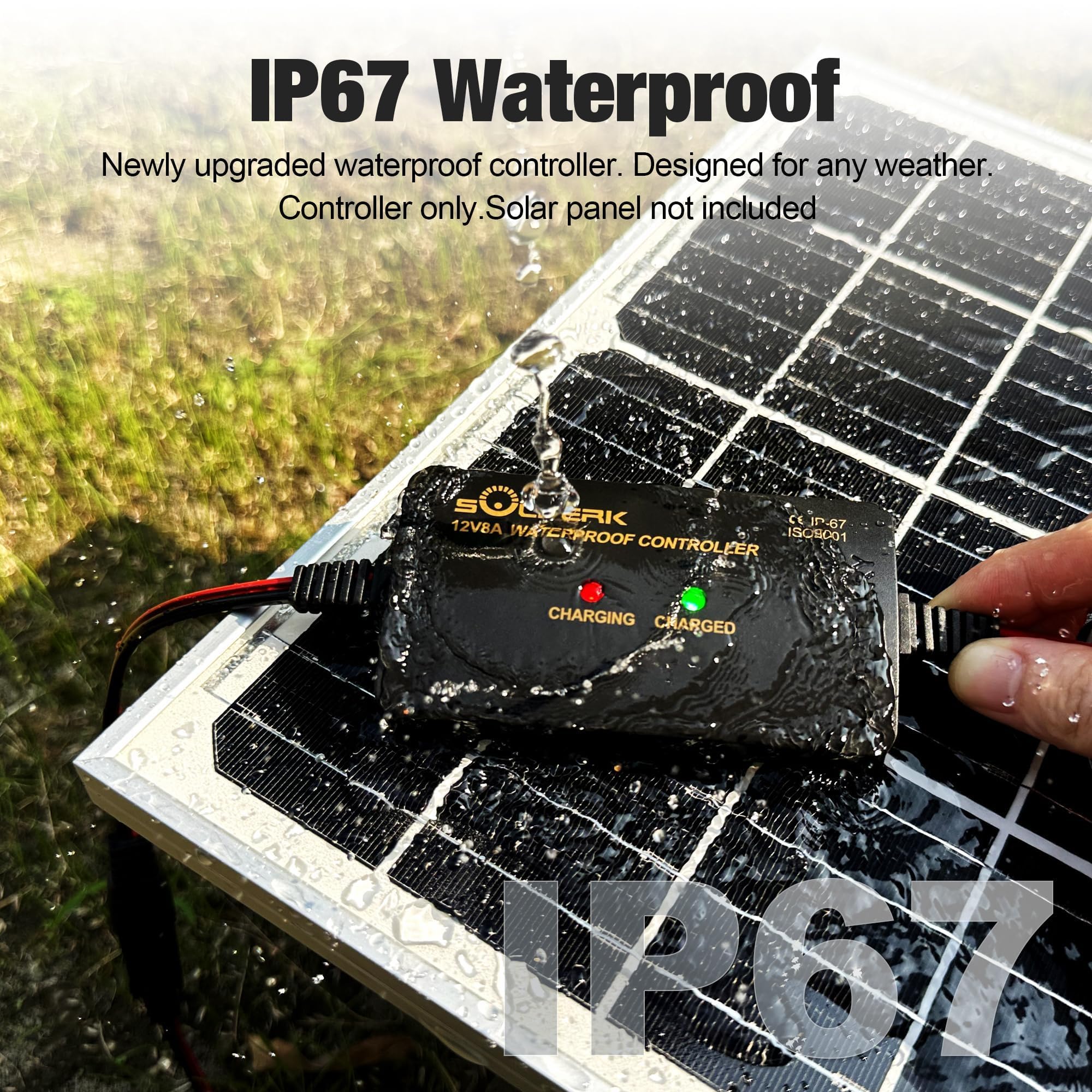 SOLPERK 8A 12V Solar Charge Controller with LED Display, IP67 Waterproof PWM Intelligent Solar Panel Battery Regulator for Gel AGM Lead-Acid Lithium LiFePO4 Battery, Used in RV Boat Car