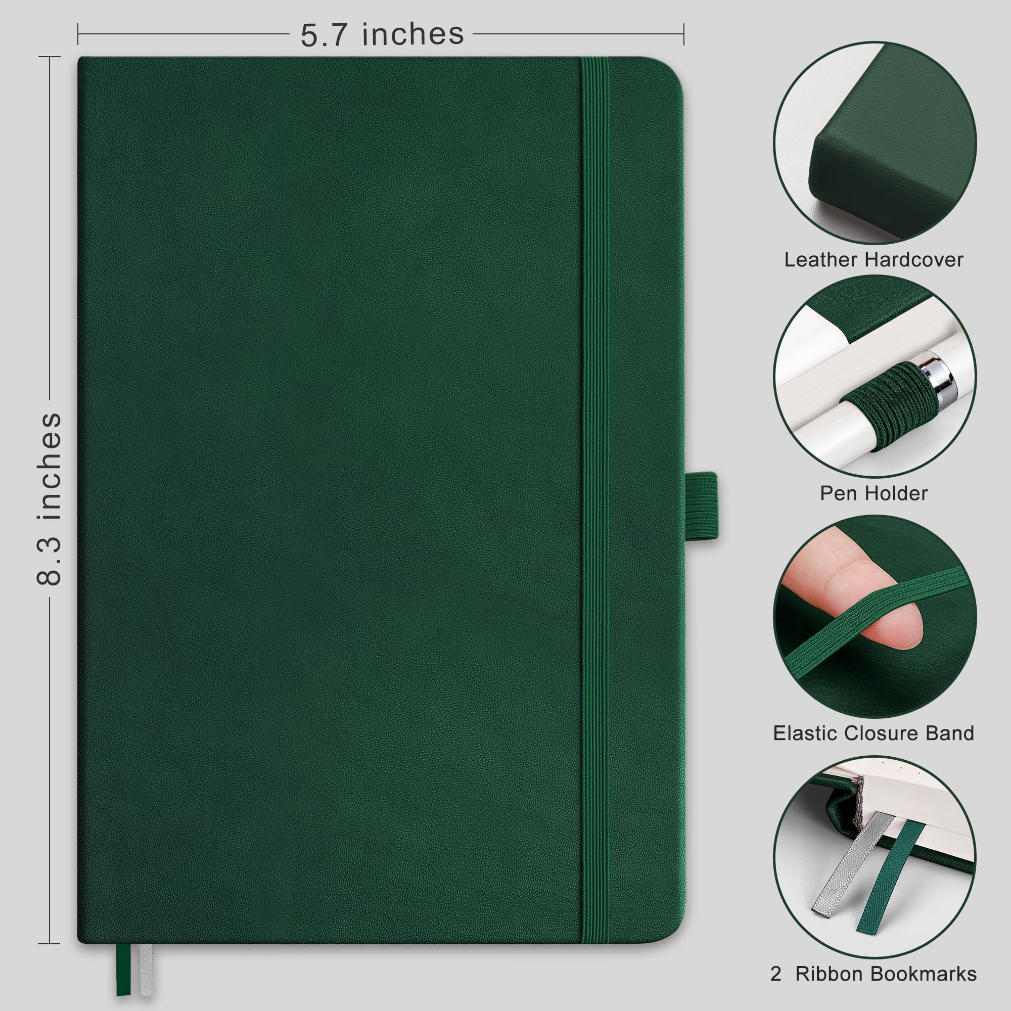RETTACY Lined Journal Notebook, 2-Pack, 192 Numbered Pages per Pack, A5 Medium Size (14.5 × 21 cm), for Men & Women, Writing, Work, Leather Hardcover, 100 GSM Thick Paper (Black & Green)