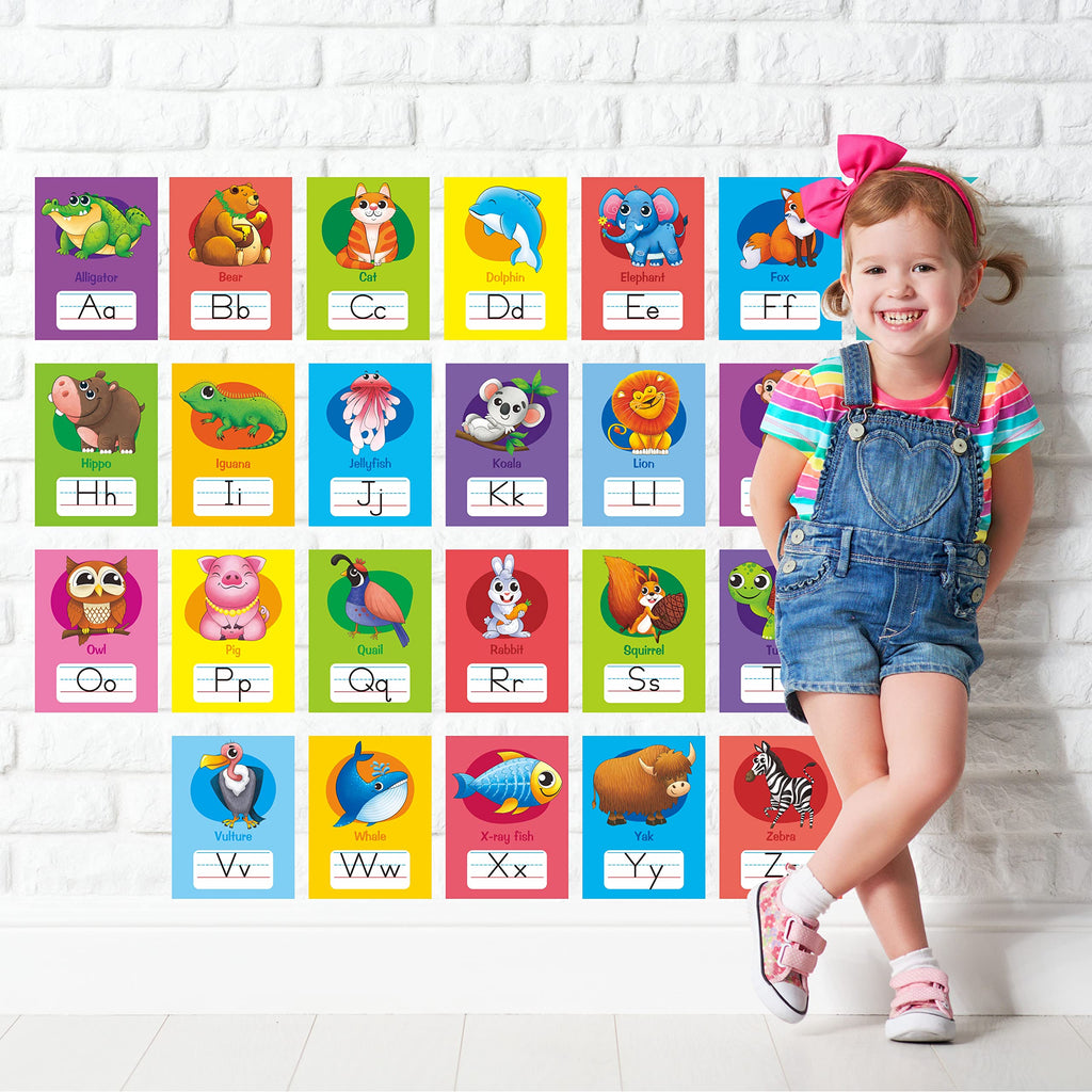 64 PCS Educational Cards, Laminated Water/Tear Proof Preschool Learning Posters Include Alphabet Numbers Colors & 2D/3D Shapes, Kindergarten Preschool Early Education Cards Home Classroom Decorations