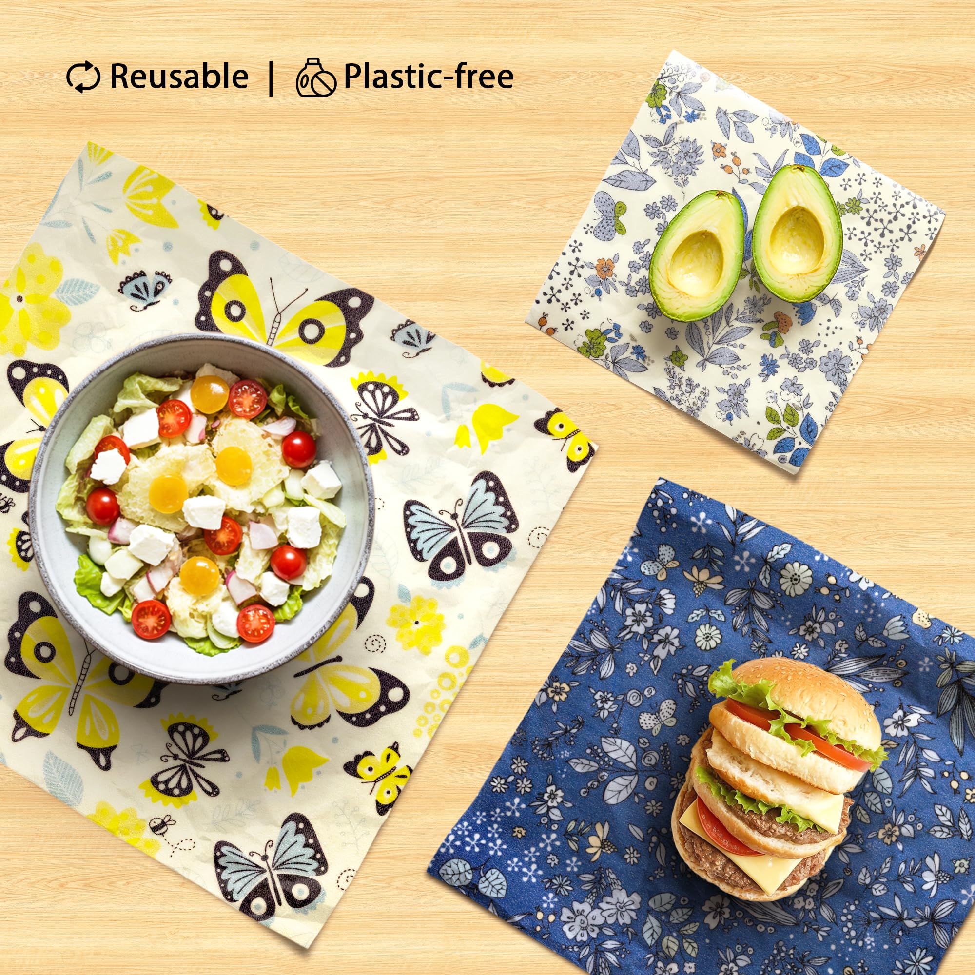 OHIYO Reusable Beeswax Wraps for Food, 9 Pack Organic Cotton Beeswax Paper (1XL+3M+5S), Bread Sandwich Wrap, Suitable for Bowls, Fruit, Cheese, Burger