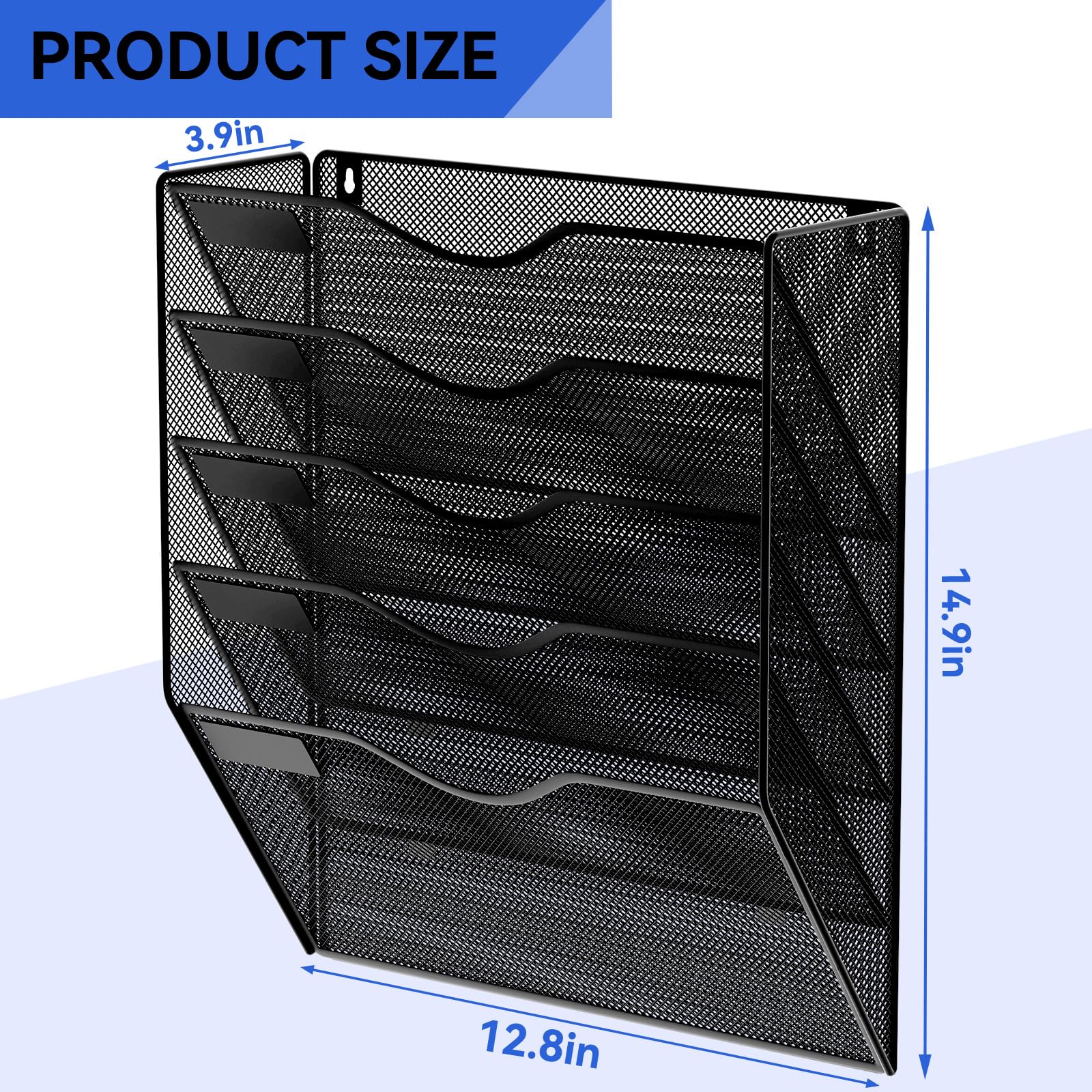 GDINDINFAN 5 Pockets Mesh Hanging Wall File Holder Organizer Wall Mounted Paper Magazine Rack, Black