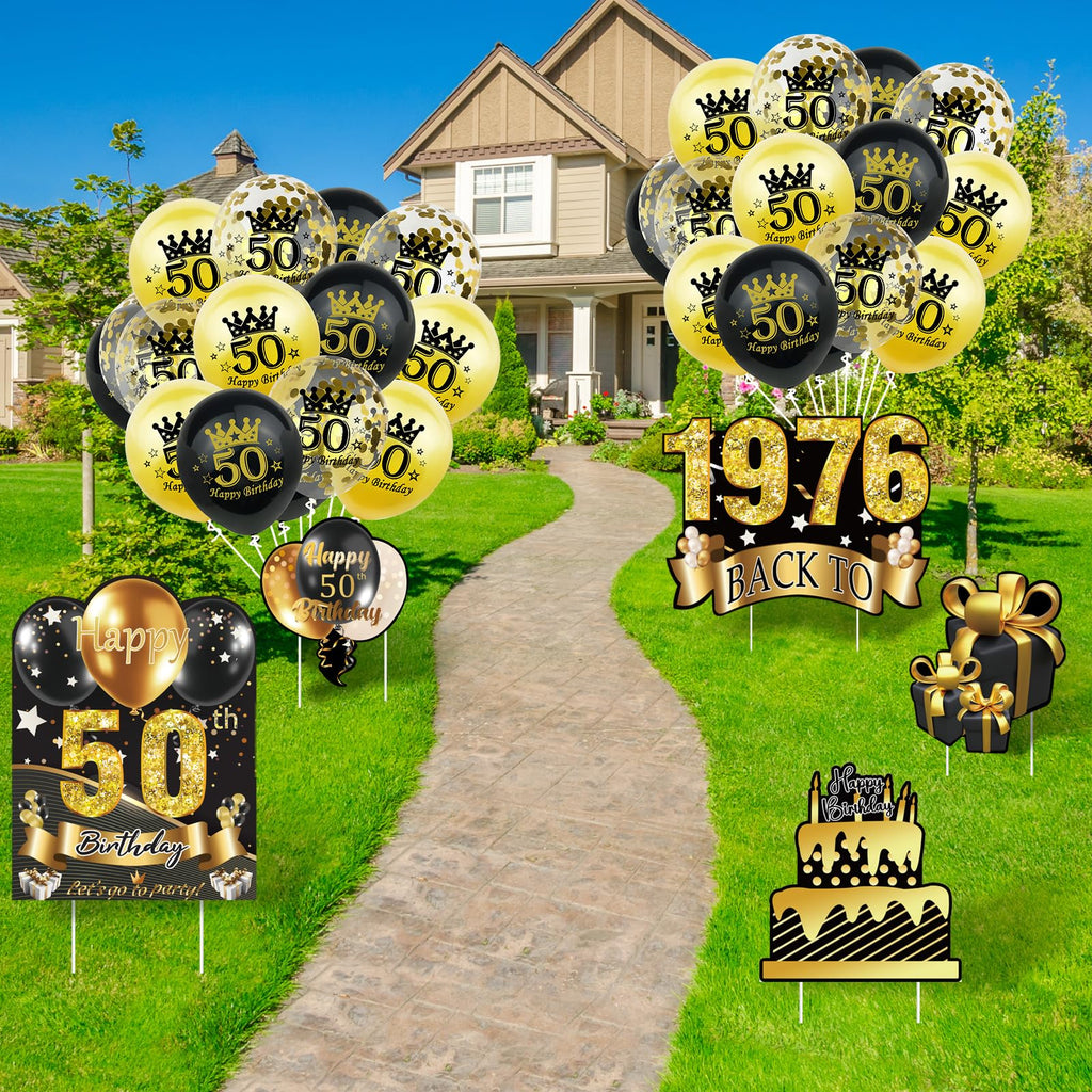 5Pcs 50th Birthday Yard Sign 16" Large Happy Birthday 50th Decorations for Men Women Birthday Party Lawn Signs Decorations with Stakes & 15pc Black Gold 50th Birthday Balloons for 50th Birthday Party