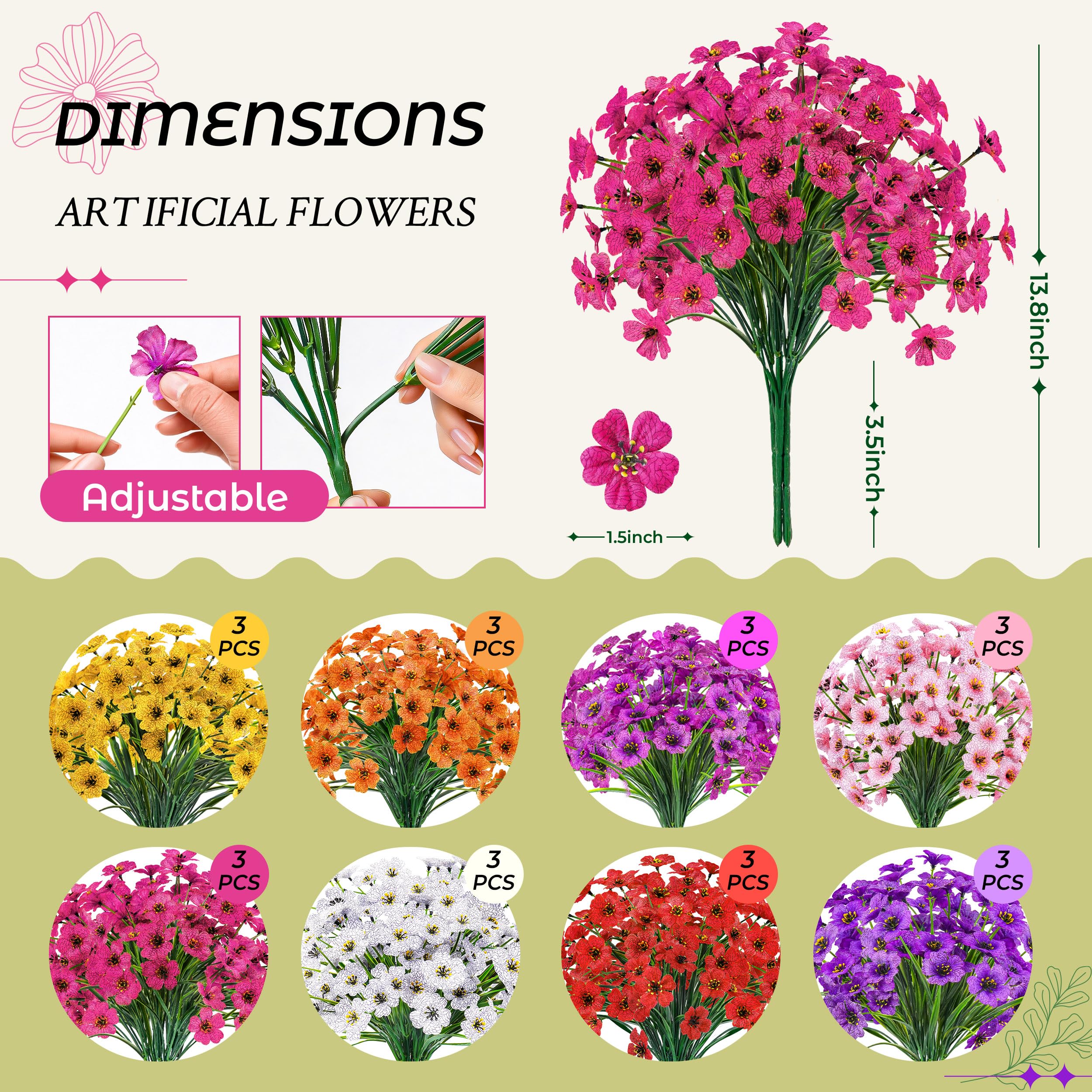 Der Rose 24 Bundles Artificial Flowers for Outdoors, UV Resistant Fake Flowers for Home Garden Patio Porch Decor (8 Colors)