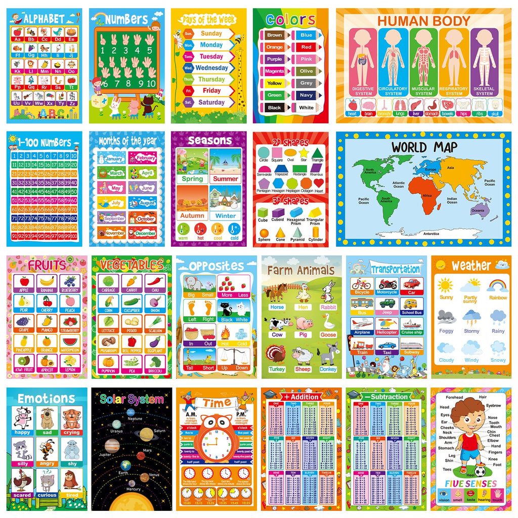 Pack of 22 11" x 17" Educational Posters for Toddlers Kindergarten Homeschool Supplies Classroom Decorations Preschool Distance Learning Decor ABC Poster Numbers and More