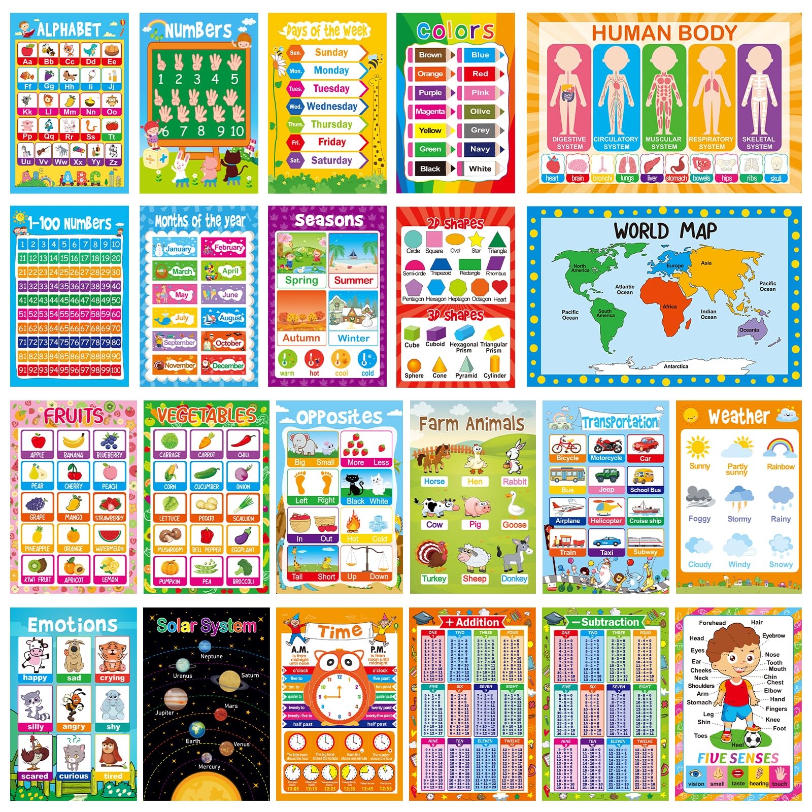 Pack of 22 11" x 17" Educational Posters for Toddlers Kindergarten Homeschool Supplies Classroom Decorations Preschool Distance Learning Decor ABC Poster Numbers and More