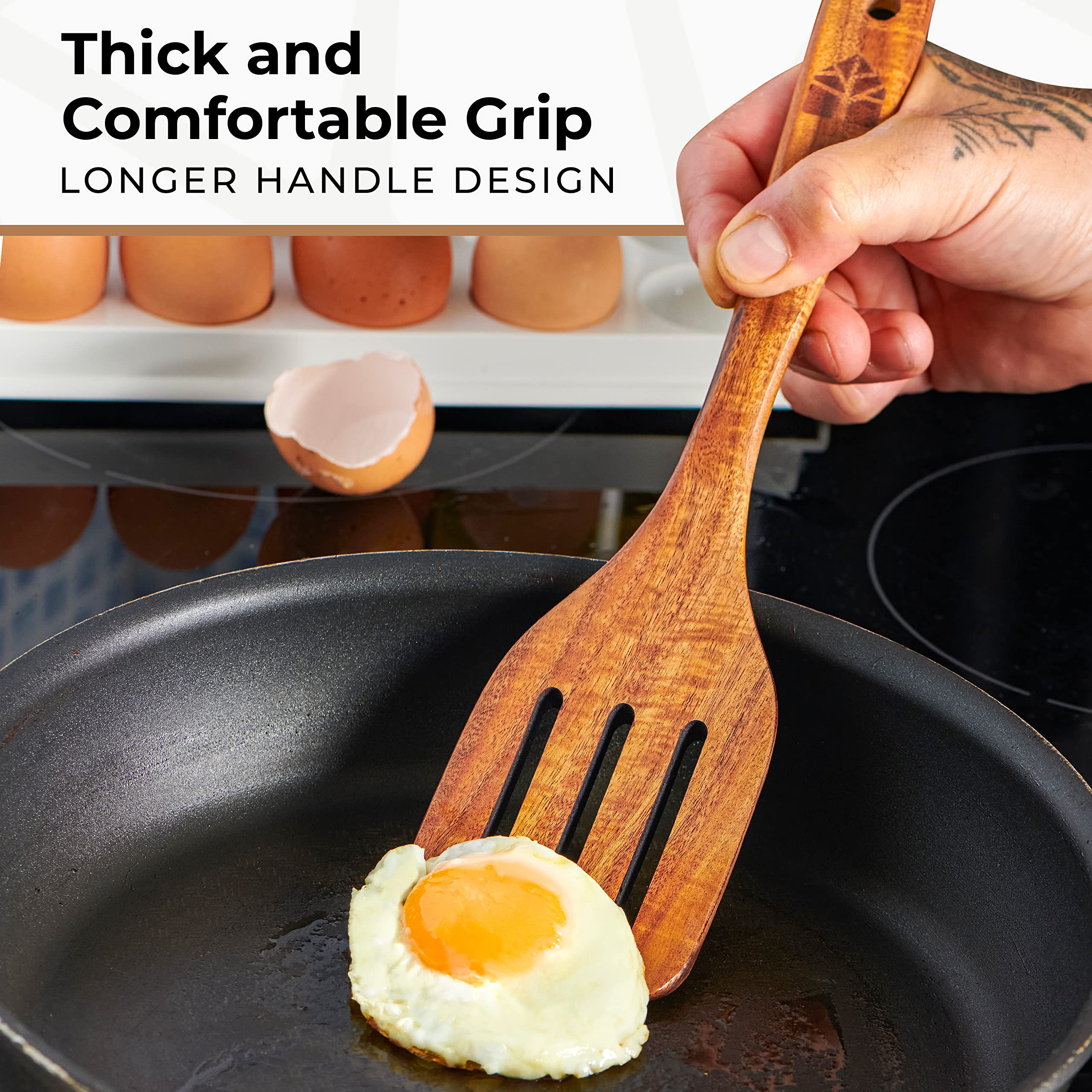 Wooden Spatula for Cooking, Kitchen Spatula Set of 4, Natural Teak Kitchen Utensils Including Paddle, Turner, Slotted Spurtle and Wood Scraper - Nonstick cookware