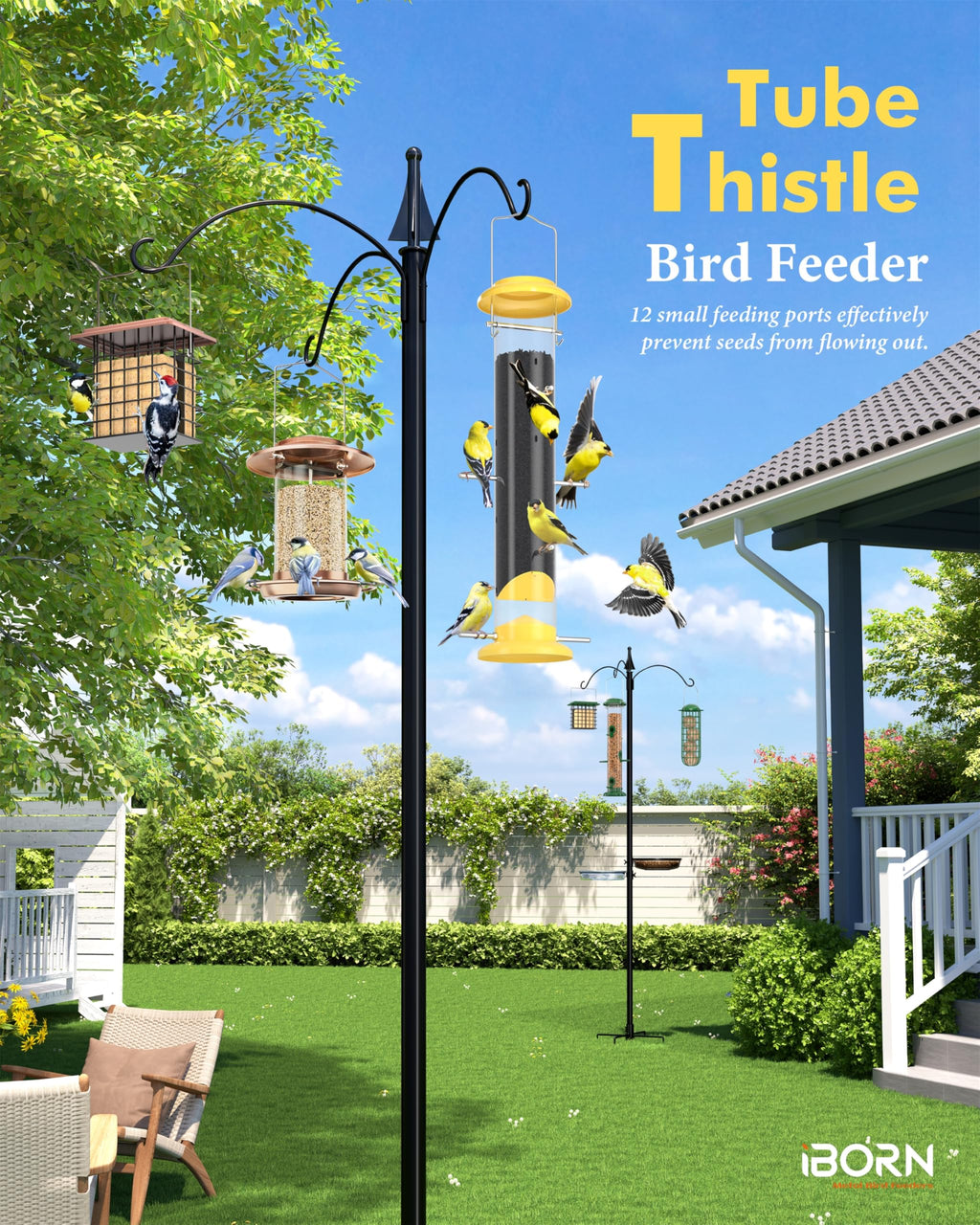 iBorn Nyjer & Thistle Bird Feeder for Outdoors Hanging，Finch Feeders for Outside，Metal Tube Bird Feeder 14 Inch with 12 Small Ports,8 Metal Perches,Yellow