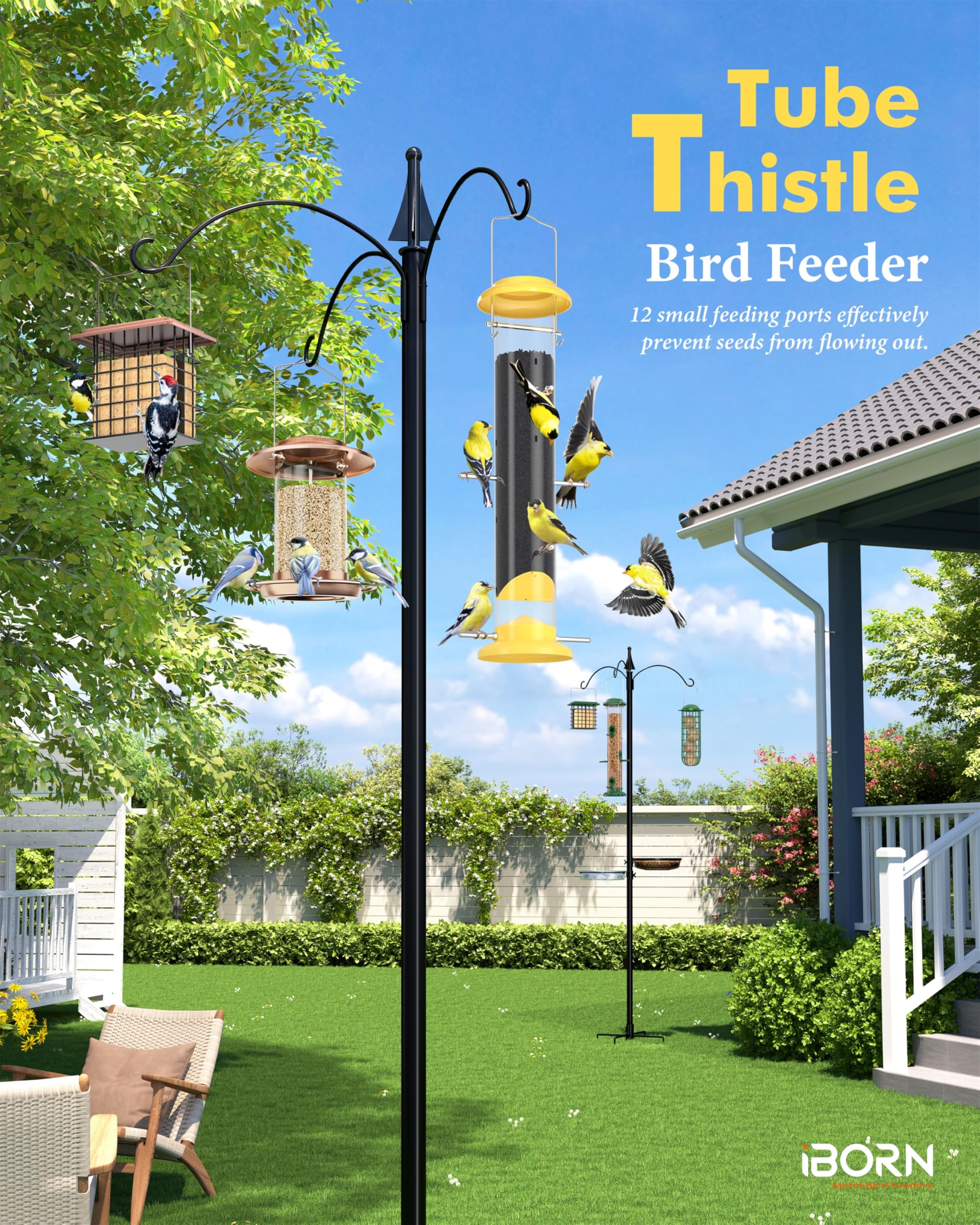 iBorn Nyjer & Thistle Bird Feeder for Outdoors Hanging，Finch Feeders for Outside，Metal Tube Bird Feeder 14 Inch with 12 Small Ports,8 Metal Perches,Yellow