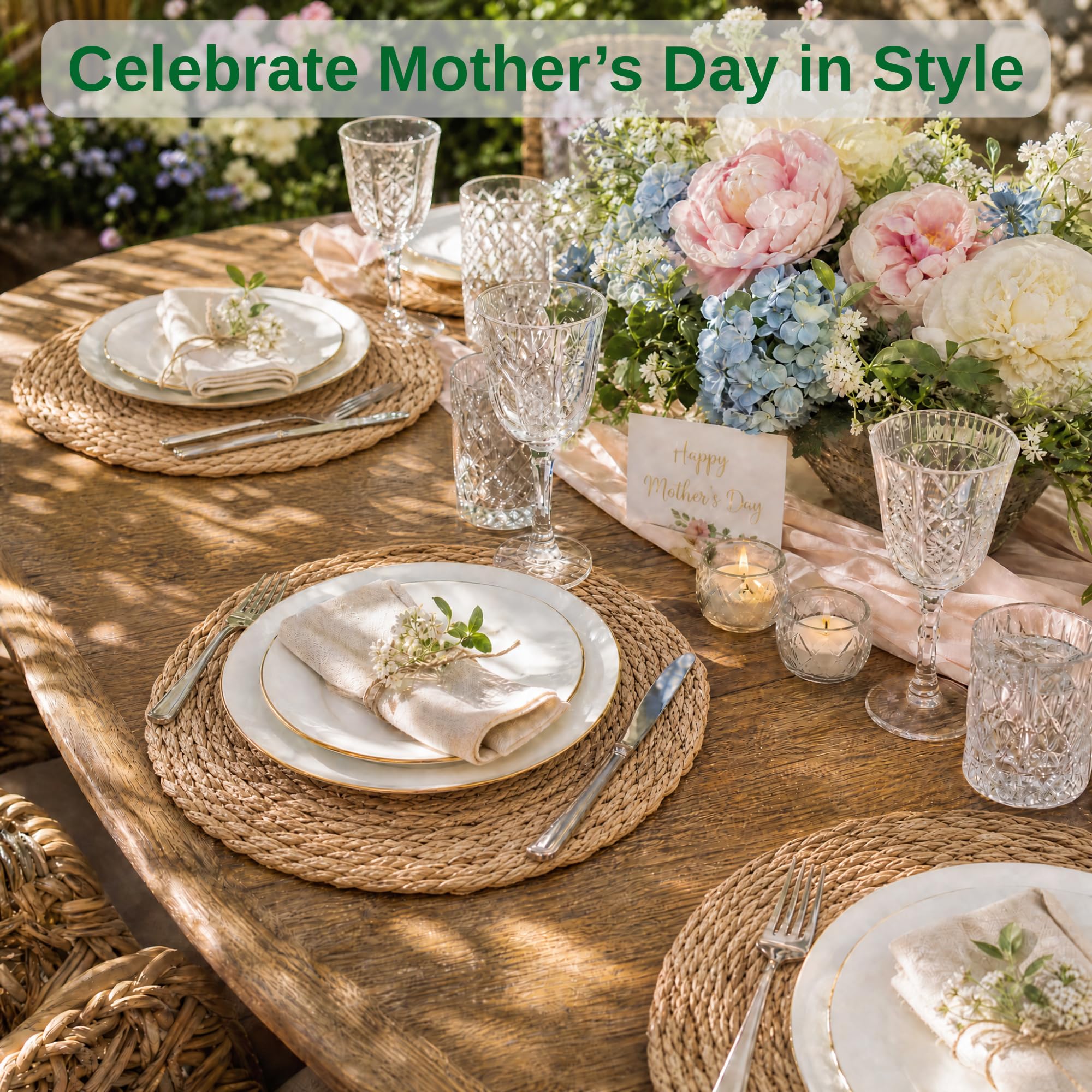 Round Woven Placemats Set of 6, 13.5 inch Boho Rattan Chargers for Dinner Plates, Rustic Wicker Place Mats, Hand-Woven from Natural Hyacinth, for Dining Table, Farmhouse, and Thanksgiving