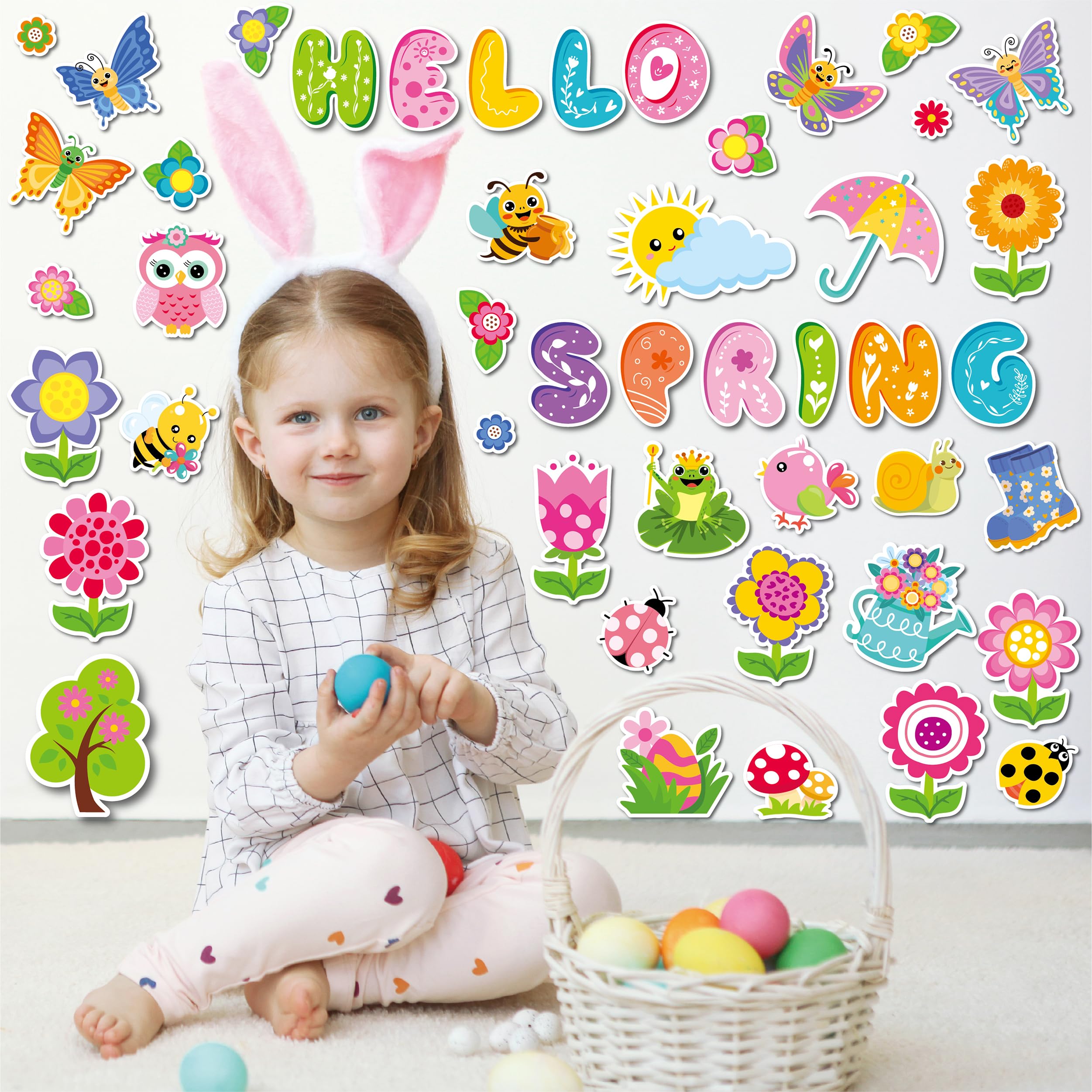 70 Pcs Hello Spring Bulletin Board Decorations - Colorful Hello Spring Cut-Outs Cute Flower Butterfly Bird Bee Bulletin Border Wall Decals for Kids DIY Craft School Classroom Decor