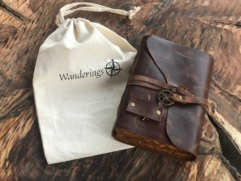Wanderings Vintage Leather Journal - 4" x 6" - Small Antique Hand-Crafted Leather with Bound Old Fashioned Deckle Edge Paper - Perfect for Writing Shadows Journal a Grimoire Sketching
