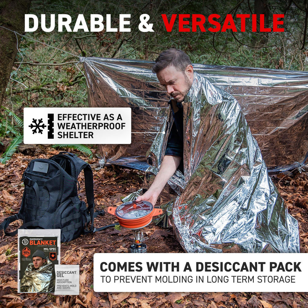 72 HRS (Pack of 4) MIL-SPEC 137 × 224 cm Emergency Blanket-Mylar Blanket, Thermal Blanket Emergency, Waterproof, Retains 90% Body Heat for Winter Camping, Hiking, First Aid, Extreme Weather