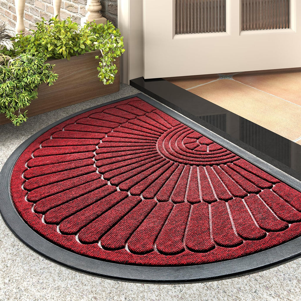 Front Door Mat Outdoor Indoor Welcome Mat-Semicircular 43X75CM Non Slip Heavy Duty Rubber Doormat-Absorbent Entryway Rug Entrance Doormat Entry Rug Dirt Scraping Shoe Mat Red