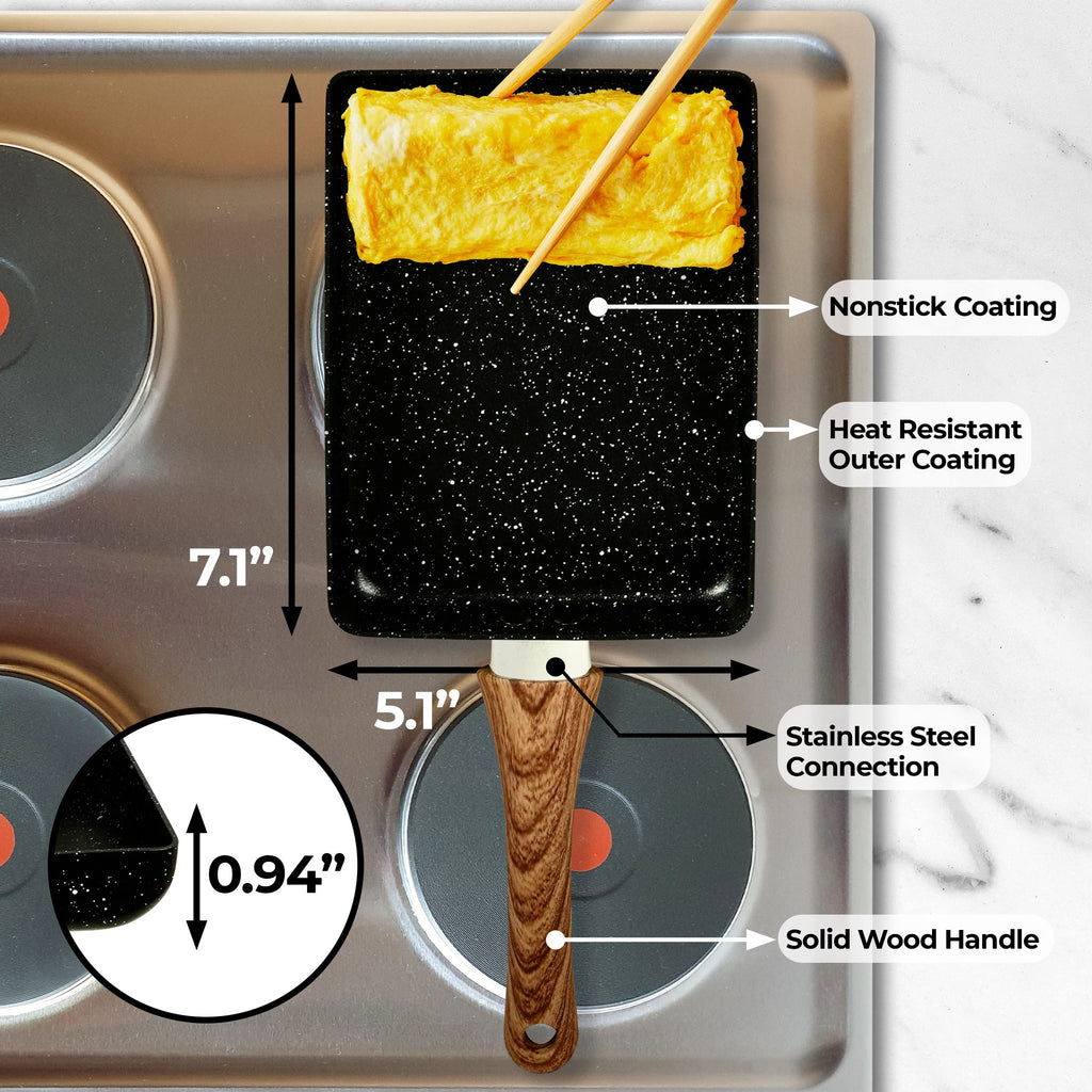 Tamagoyaki Pan, Japanese Cookware, Egg Pan, Rectangle Frying Pan, Kitchen Accessories, Square Pan, Omelette Maker Nonstick, Omelet Pan, Cooking Tools, 7" x 5" Black (Without Lid)