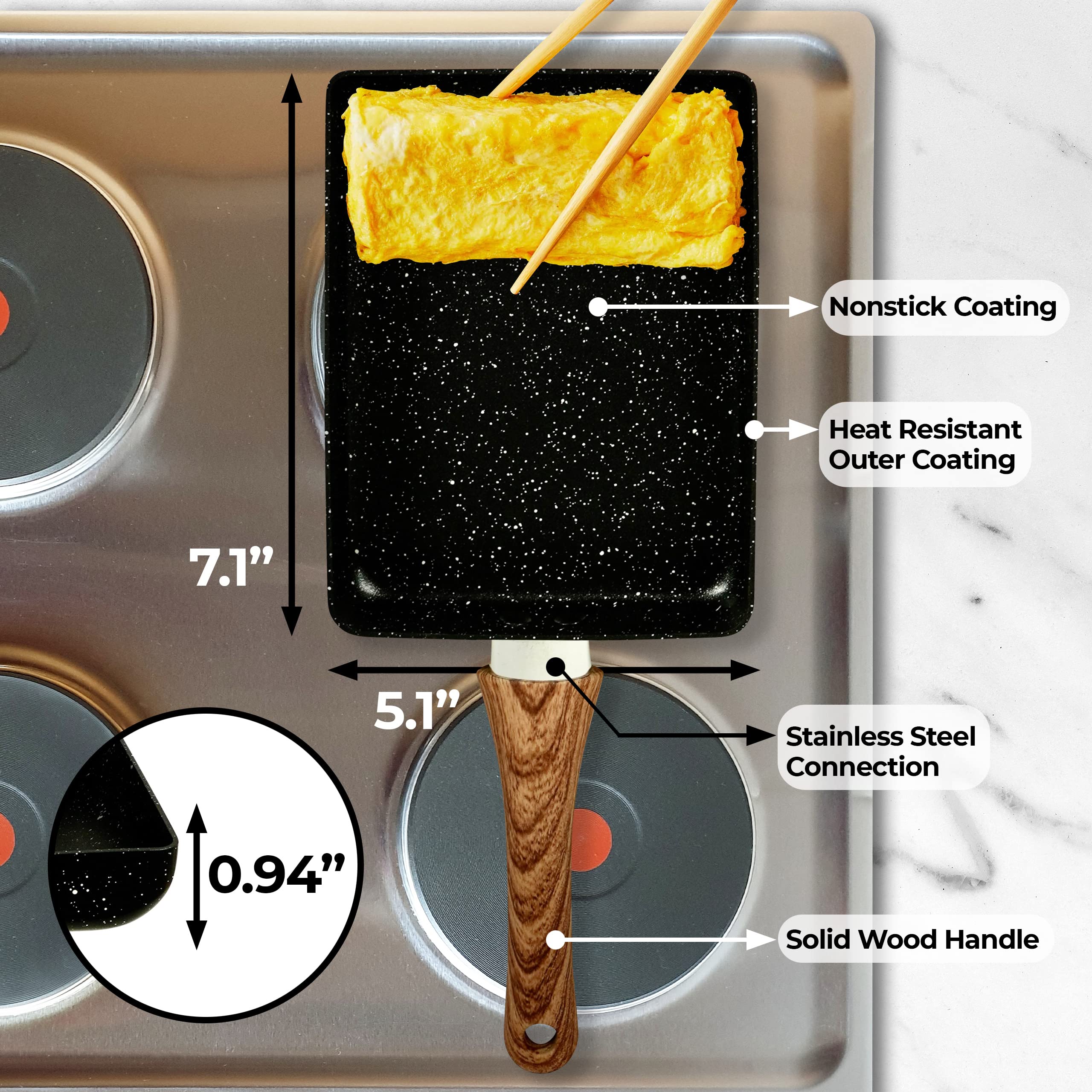 Tamagoyaki Pan, Japanese Cookware, Egg Pan, Rectangle Frying Pan, Kitchen Accessories, Square Pan, Omelette Maker Nonstick, Omelet Pan, Cooking Tools, 7" x 5" Black (Without Lid)