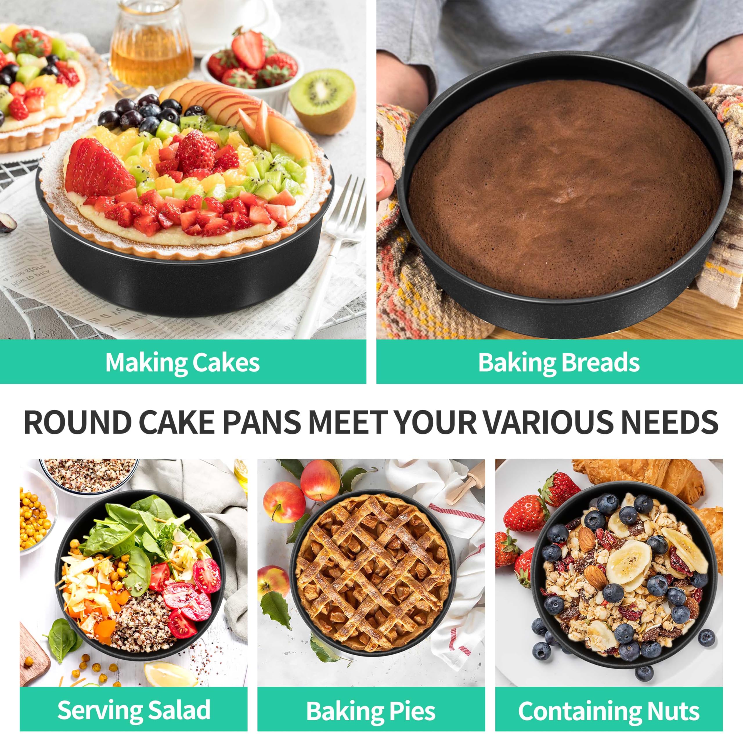 8 Inch Round Cake Pan Set, P&P CHEF 3 Piece Non-Stick Cake Baking Pans for Birthday Wedding Layer Cakes, Stainless Steel Core & One-Piece Design, Sturdy & Healthy, Black