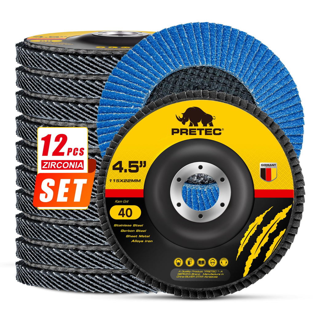 PRETEC Flap Discs 4 1/2 for Angle Grinder, 12 Pcs Flap Discs 40 Grit, 4.5" x 7/8" High Density Zirconia Type 27 Flap Sanding Disc for Grinding, Rust Removal, Sanding and Finishing - 12 Packs