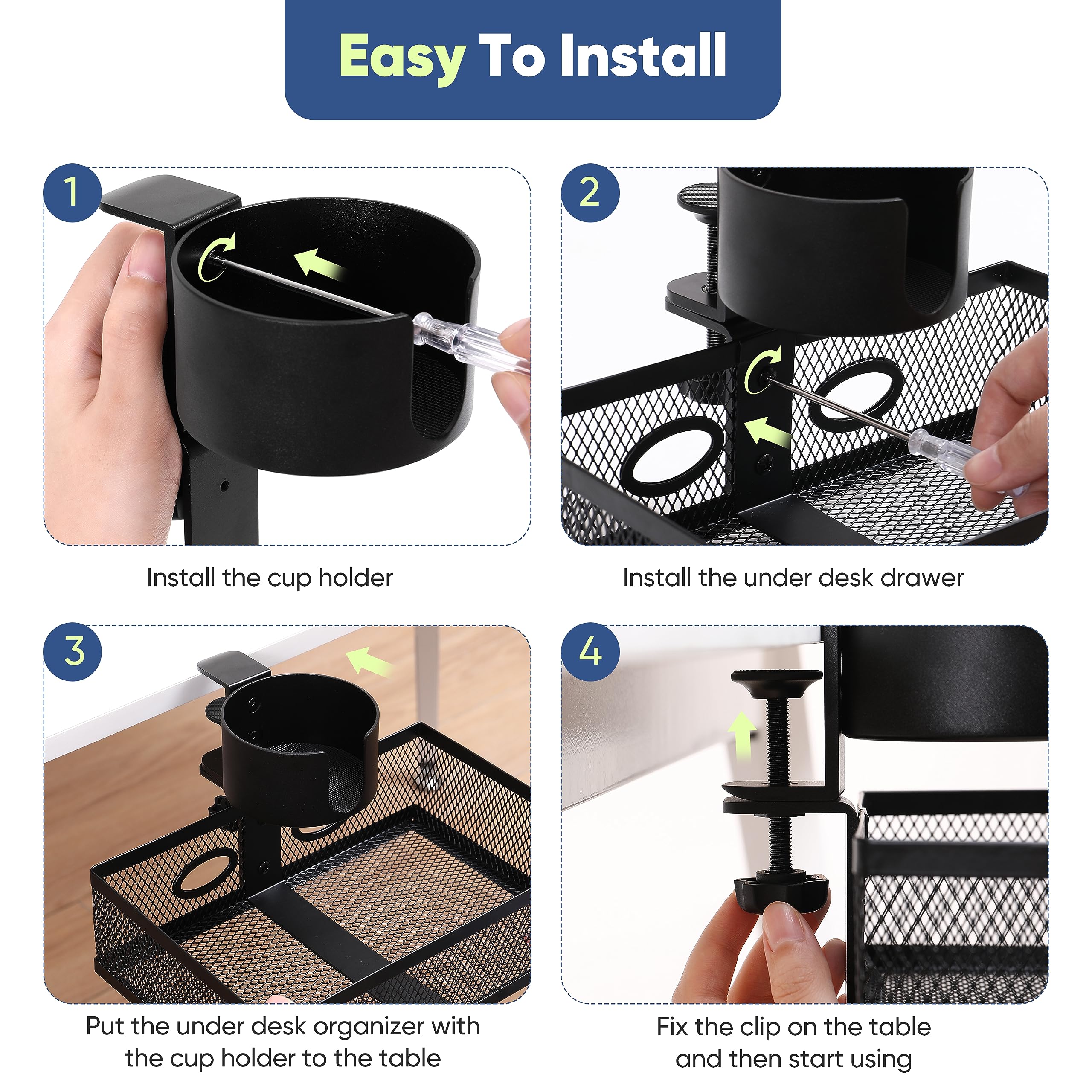 ROLIZOE 360 Rotating Under Desk Drawer Organizer Clamp On Desk Cup Holder No Drilling Swivel Pencil Drawer Under Shelf Storage Anti-slip Mesh Metal Under Table Storage Drawer Basket for Home Office