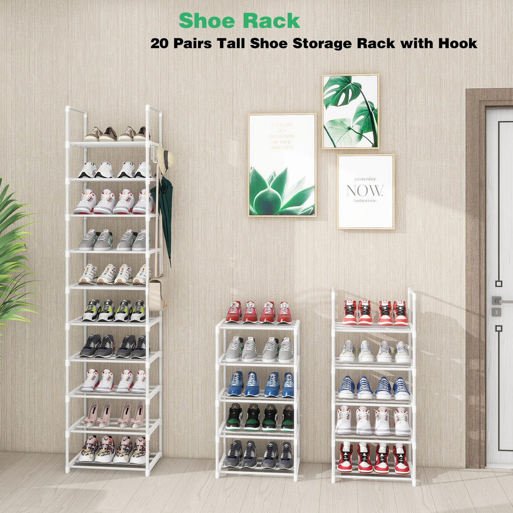 Lxvckly Shoe Rack 10-Tier Metal Narrow Shoe Organizer 20 Pairs Tall Shoe Storage Rack with Hook, Vertical Shoe and Boots Organizer, Shoe Shelf Organizer for Entryway Closet Hallway White