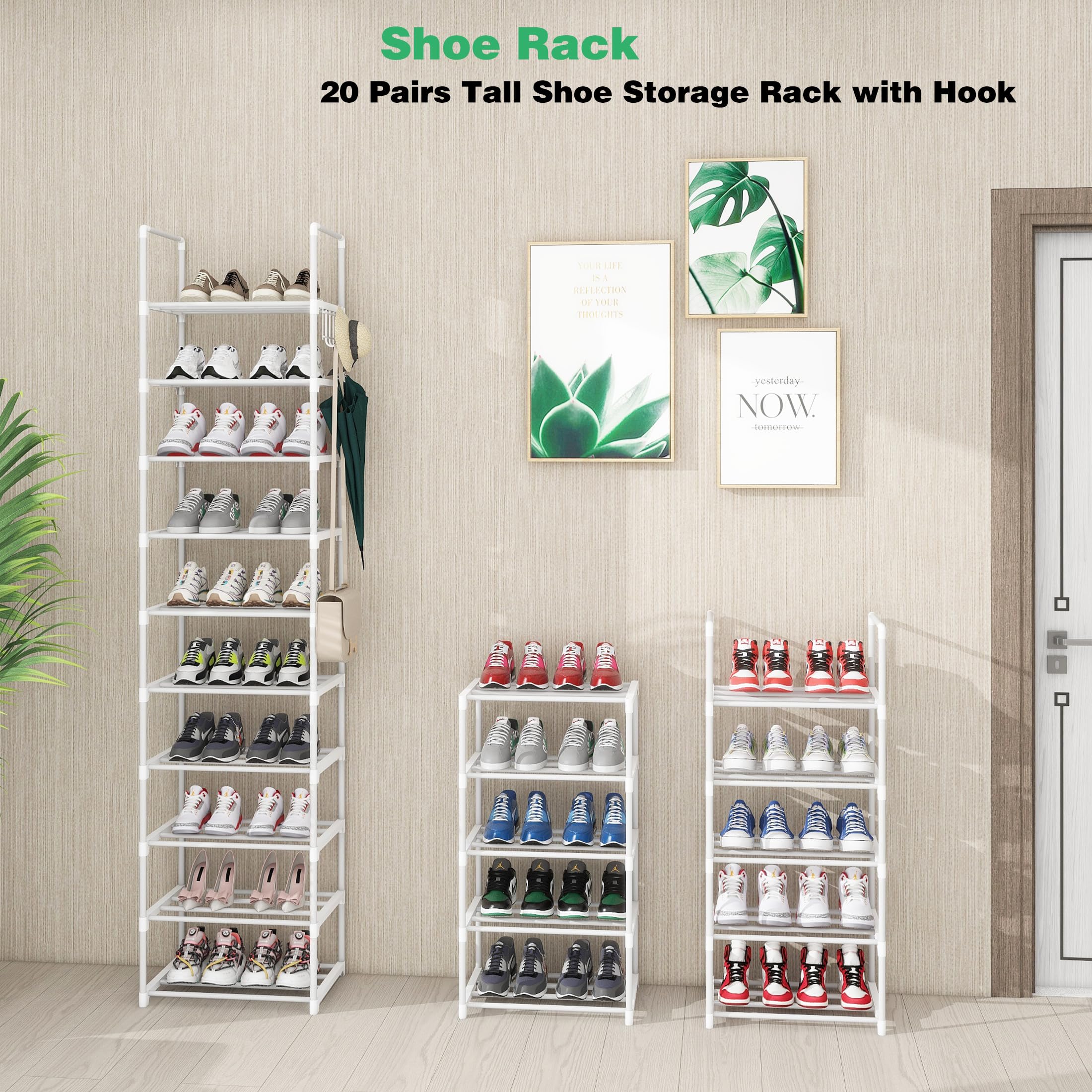 Lxvckly Shoe Rack 10-Tier Metal Narrow Shoe Organizer 20 Pairs Tall Shoe Storage Rack with Hook, Vertical Shoe and Boots Organizer, Shoe Shelf Organizer for Entryway Closet Hallway White
