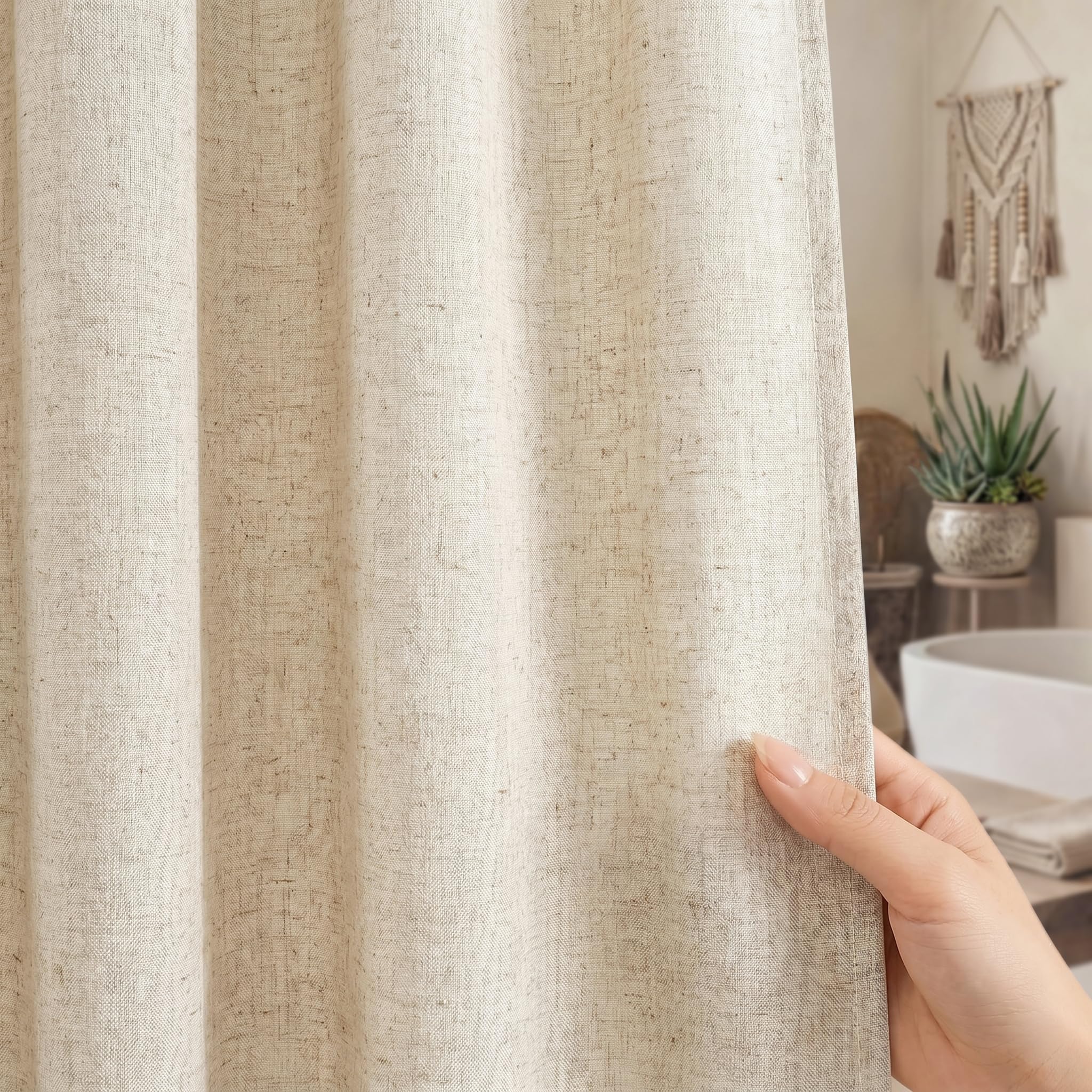 Linen Shower Curtain Beige 72x72 Inches, Rustic Farmhouse Fabric Shower Curtain Waterproof for Bathroom with Hooks Heavy Duty (Natural)