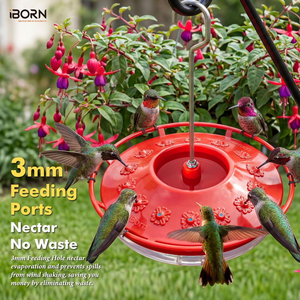 iBorn Hummingbird Feeder for Outdoors with Built-in Ant Moat, Bird Feeders with 14 Bee Guard Ports, Metal Hanging Hook & Easy-Clean Design, 13 OZ,2-Pack,Red
