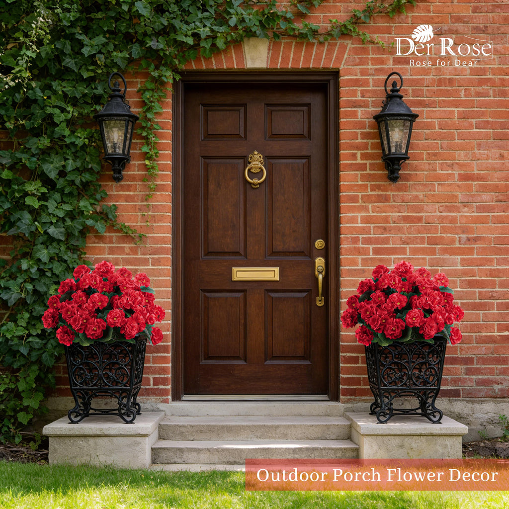 Der Rose 6 Pack Red Artificial Flowers Geraniums for Outdoors Fake Outdoor Flowers UV Resistant for Window Box Porch Patio Garden Decor