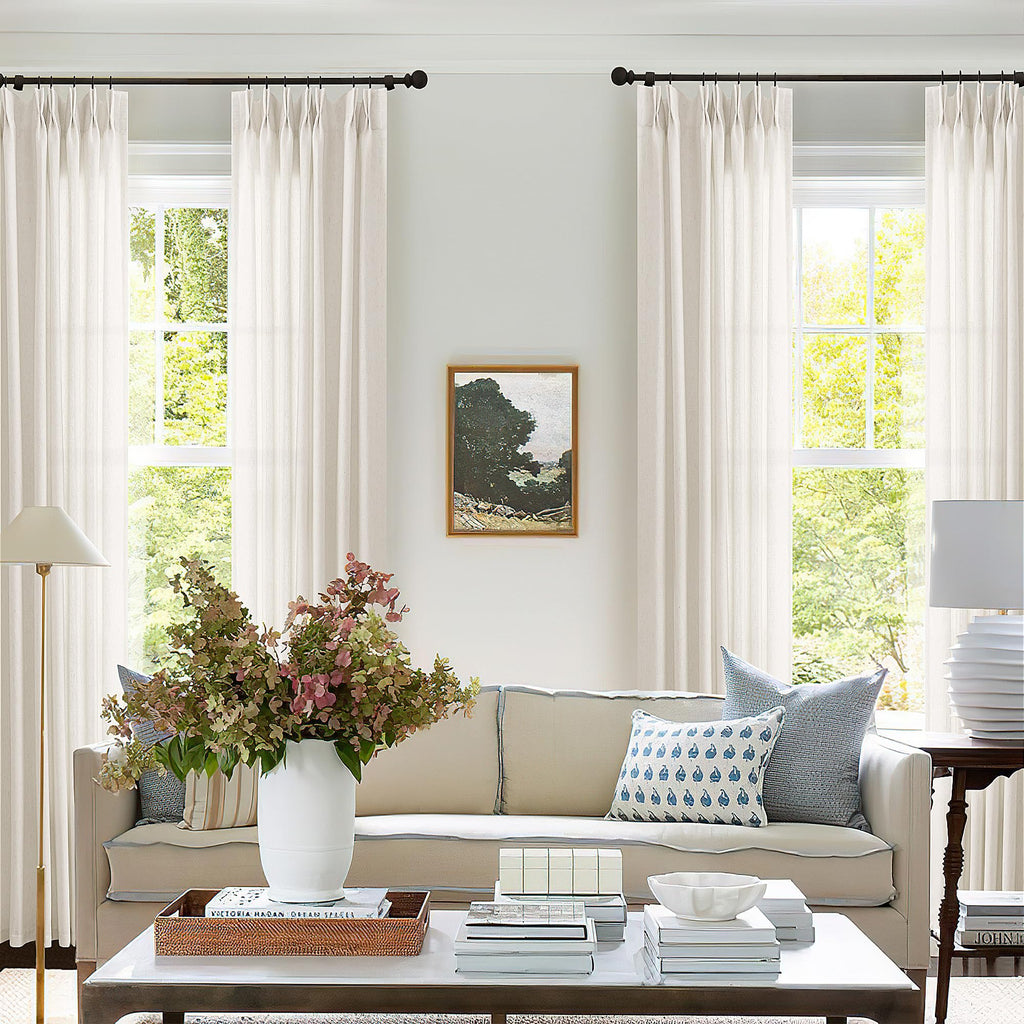 Natural Pinch Pleated Linen Curtains 96 Inches Long for Living Room Pleat Drapes Hooks Rings Back Tab Neutral Cream Ivory Semi Sheer Pleated Curtain 96 Inch Length for Bedroom Dining Office 1 Panel