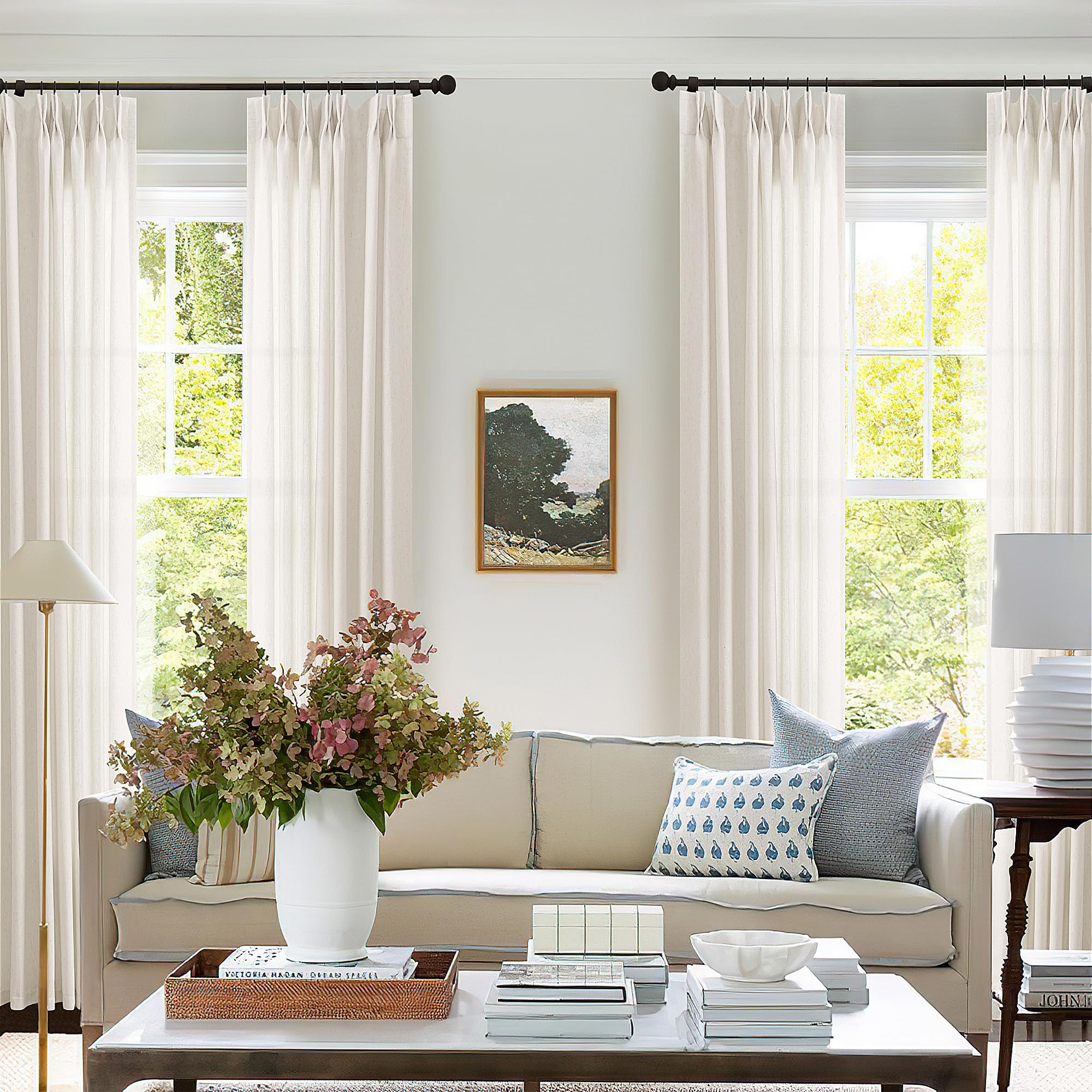 Natural Pinch Pleated Linen Curtains 96 Inches Long for Living Room Pleat Drapes Hooks Rings Back Tab Neutral Cream Ivory Semi Sheer Pleated Curtain 96 Inch Length for Bedroom Dining Office 1 Panel