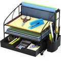 Simple Houseware 3 Tier Desk Organizer with Sliding Drawer, Hanging File Holder and Pen Holder Accessory, Black
