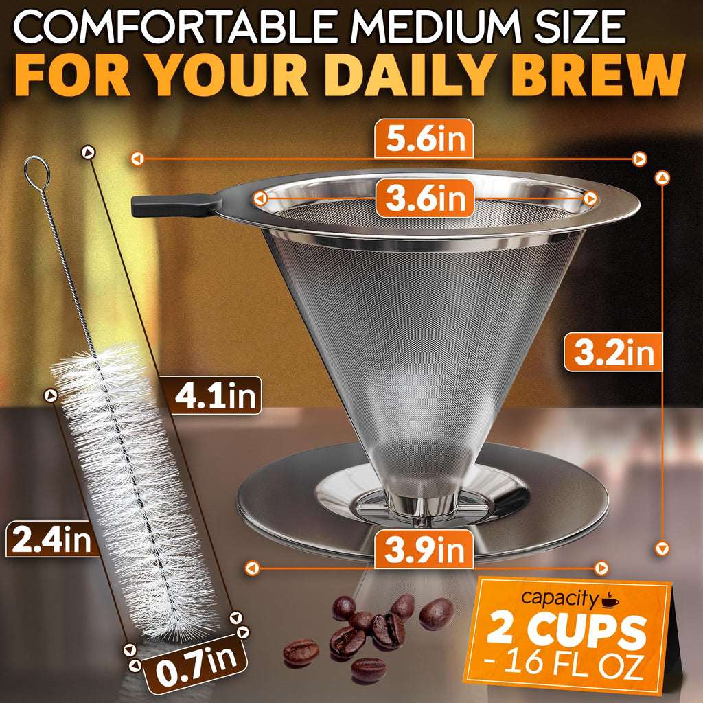 Pour Over Coffee Dripper - 3.18x4.48 Stainless Steel Pour Over Coffee Maker with Large Plastic Handle, Wide Secure Base and a Brush for Cleaning - Ensures Well-Balanced and Reach Tea Infuser