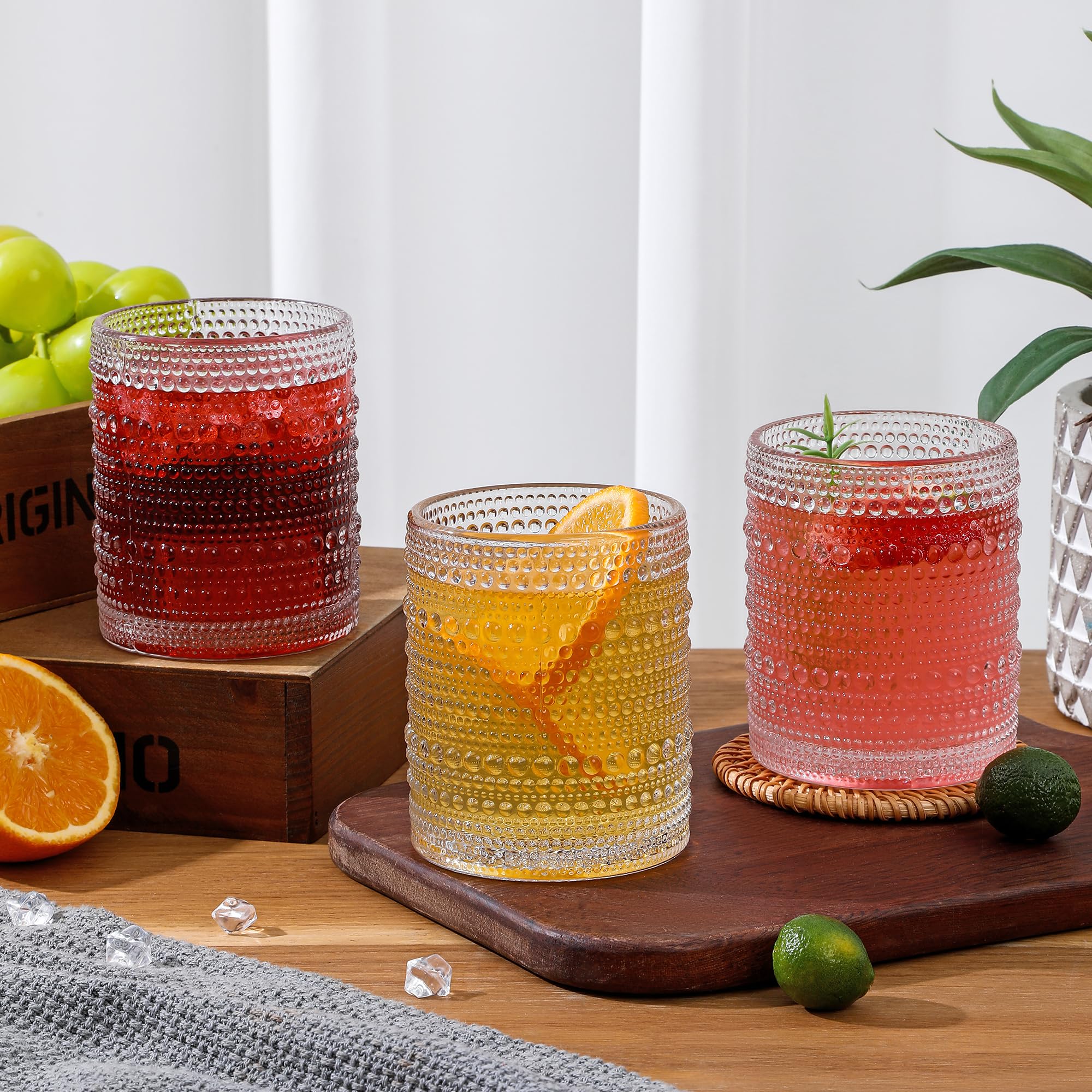HomeVogue Hobnail Drinking Glasses Set of 6,12 oz Vintage Glassware Set Cocktail Glass Set, Embossed Clear Water Tumbler,for Beer, Whiskey,Juice and Various Mixed Drinks (Clear)