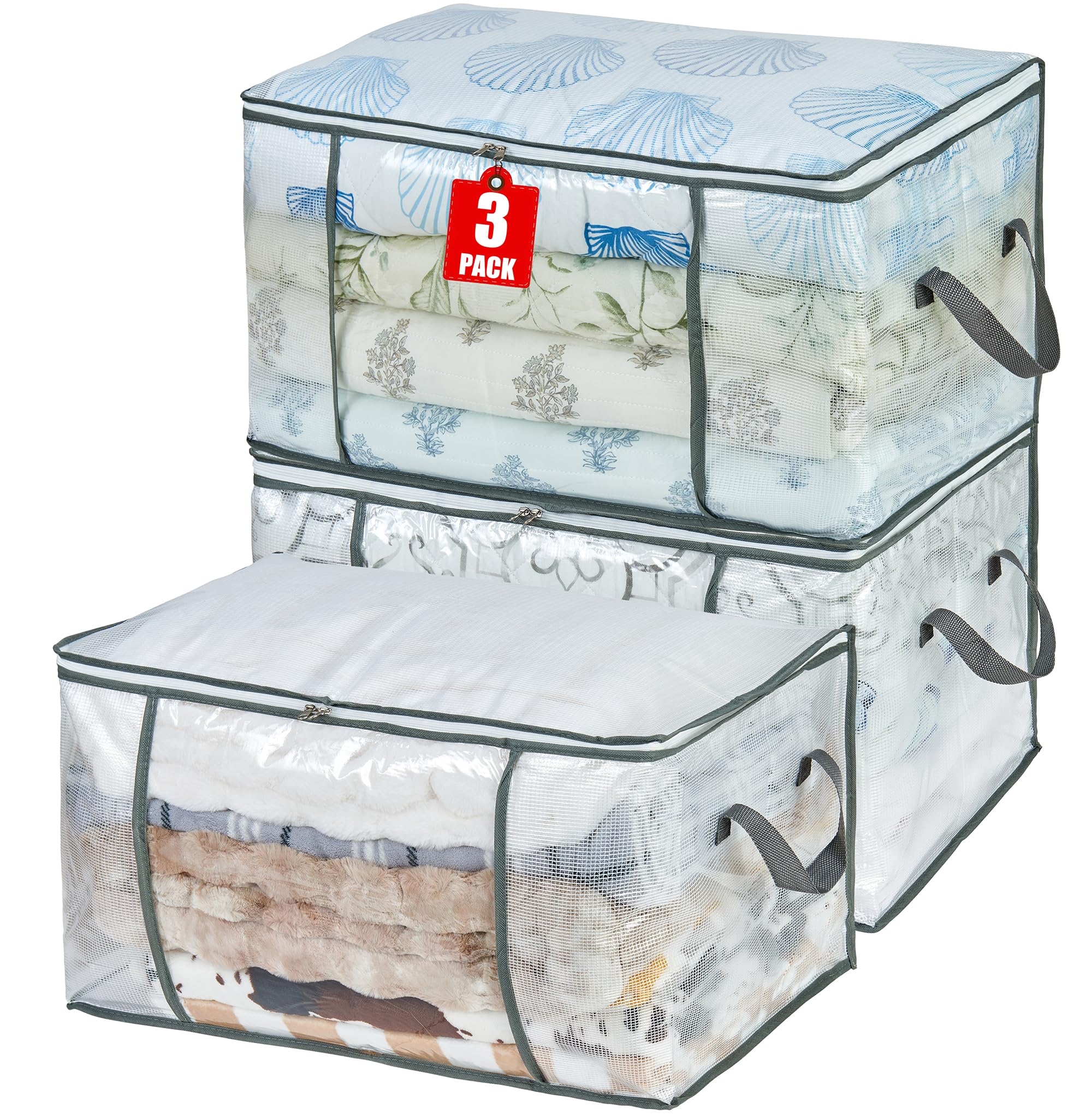 MKOKYD 80L Clear Large Storage Bag, Clothes Storage Containers for Organizing Closet, Bedroom, Underbed, Comforters, Clothing, Blankets, Pillow, Foldable Organizer with Sturdy Handle and Zippers (3)