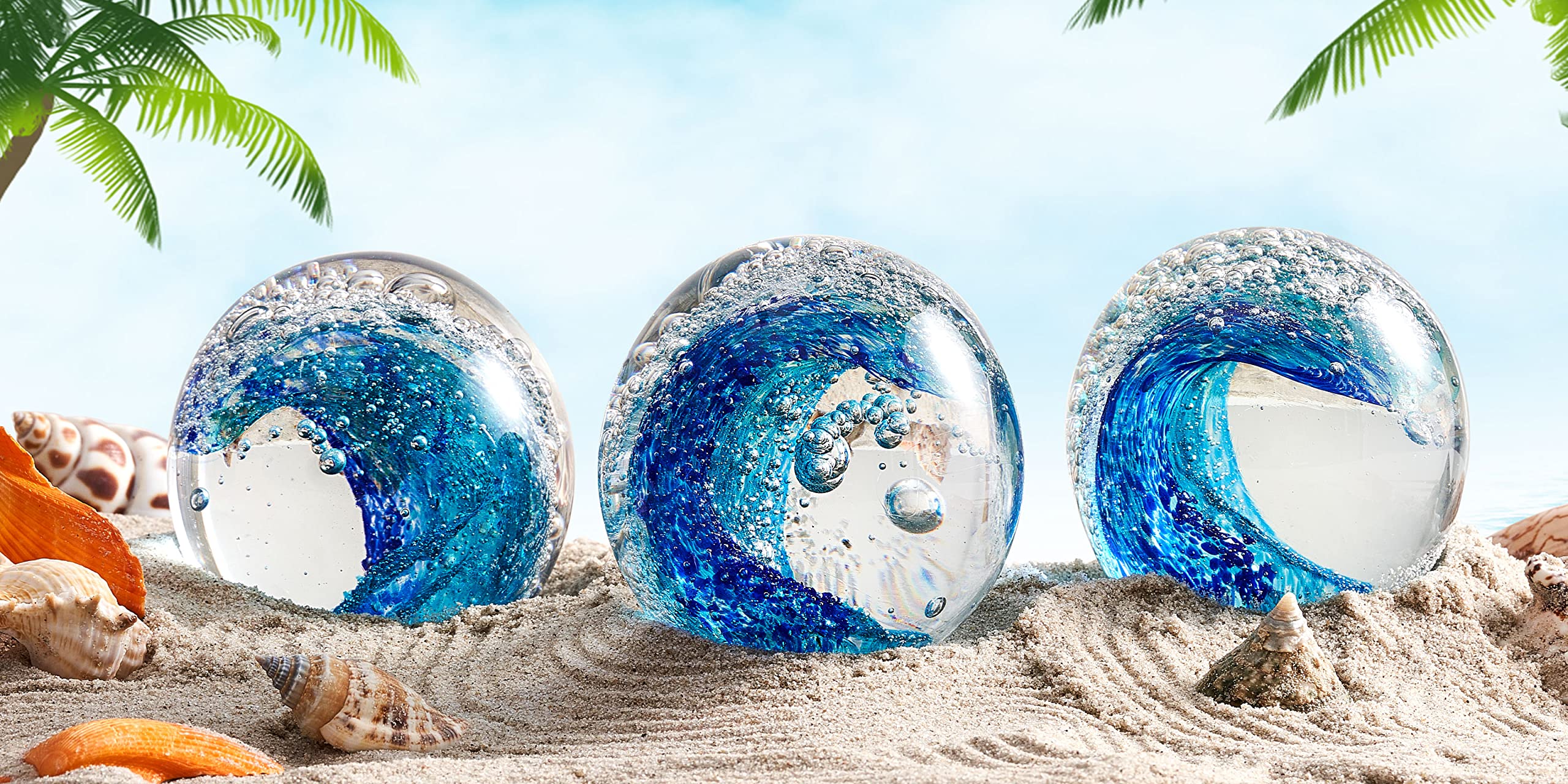 Hand Blown Glass Figurines Ball Ocean Waves,Paperweight Glass Ball,Home Decor Collectible,Aquarium Decor,Office Decor Ocean Lovers