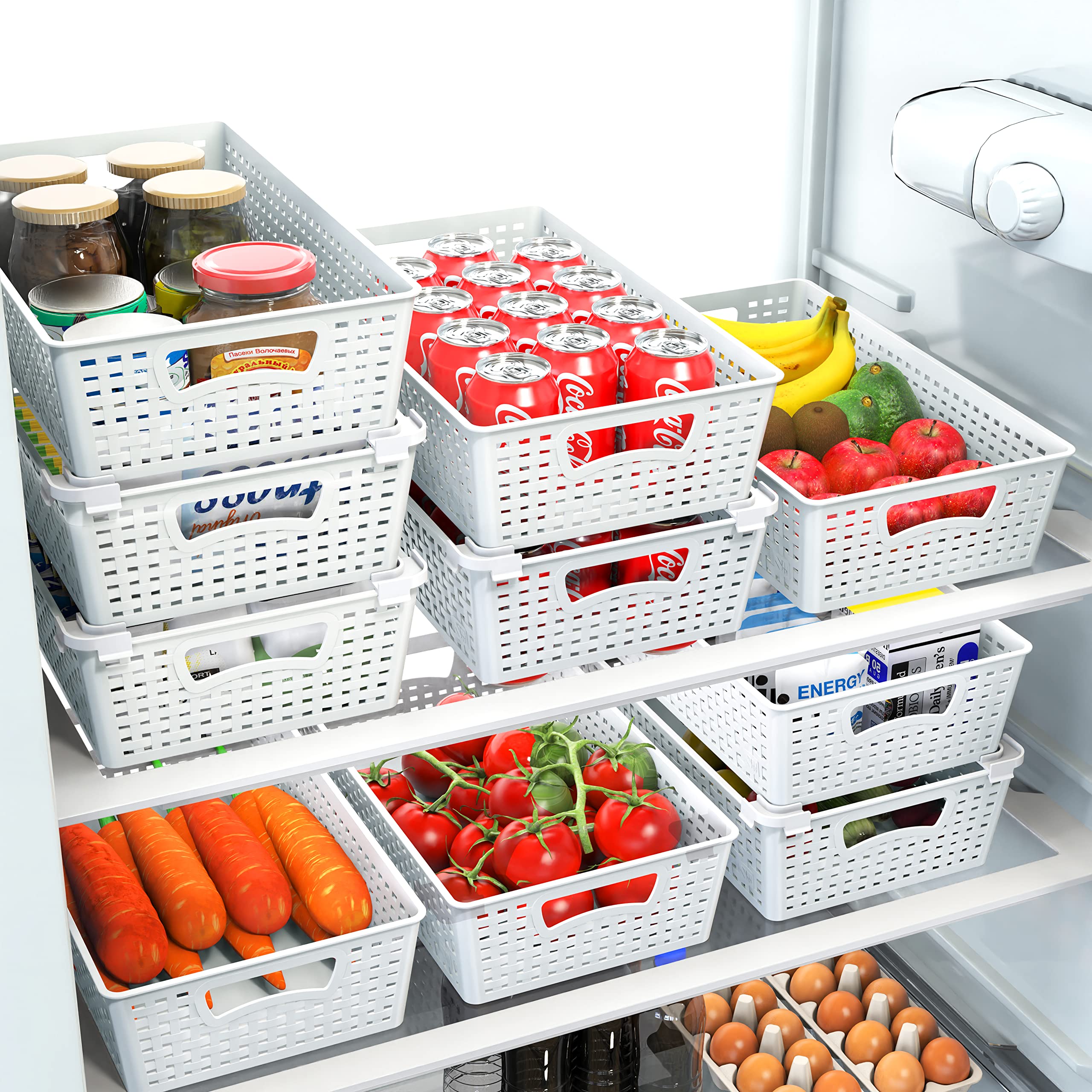 Simple Houseware Stackable Plastic Woven Basket Storage and Pantry Organizer Bin, 6 Pack, White