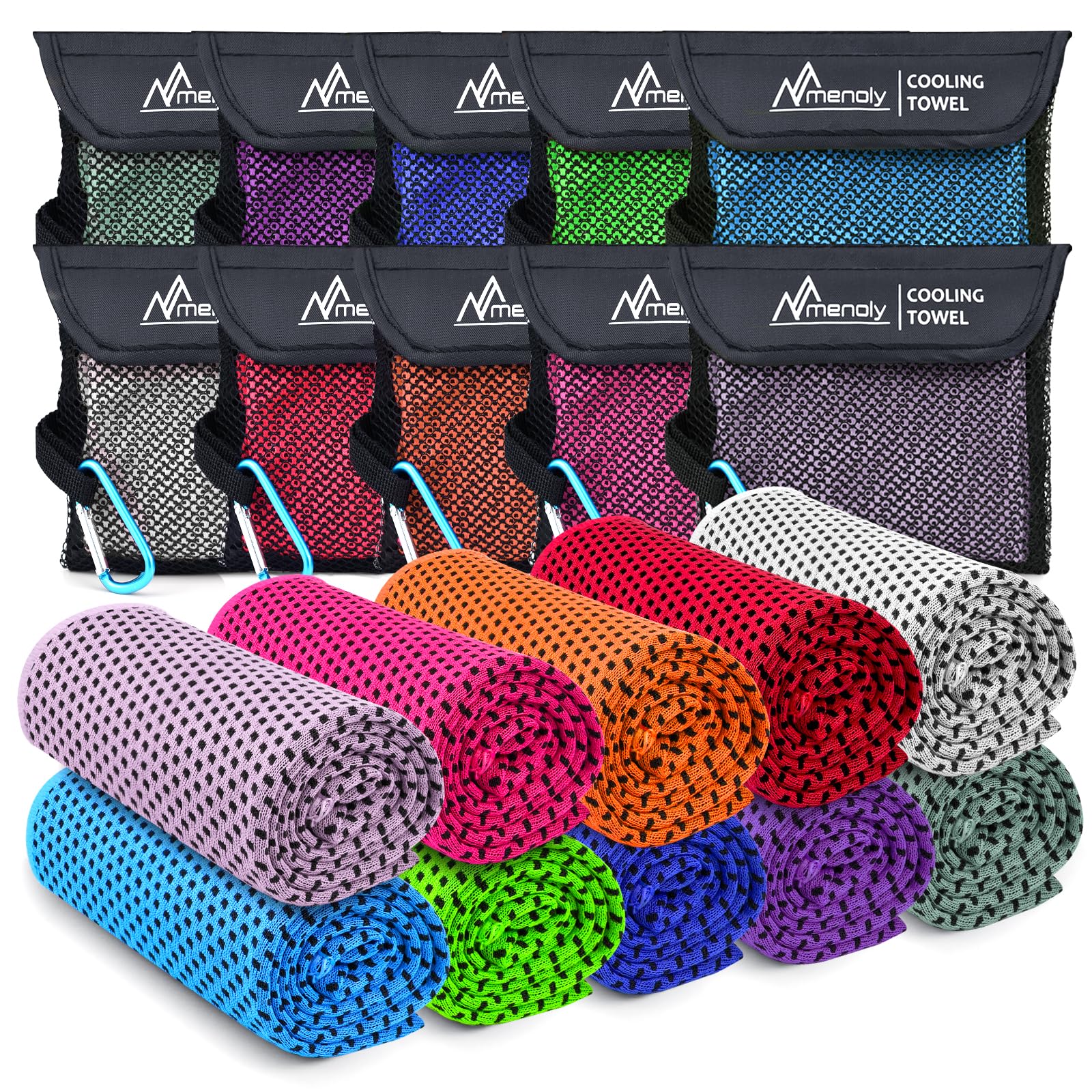 MENOLY 10 Pack Cooling Towels with Carrying Bags, 40"x12" Cooling Towels for Neck and Face, Instant Gym Towels, Cooling Towel Workout Towels for Sports, Sweat, Yoga, Camping, Running Cooling rag