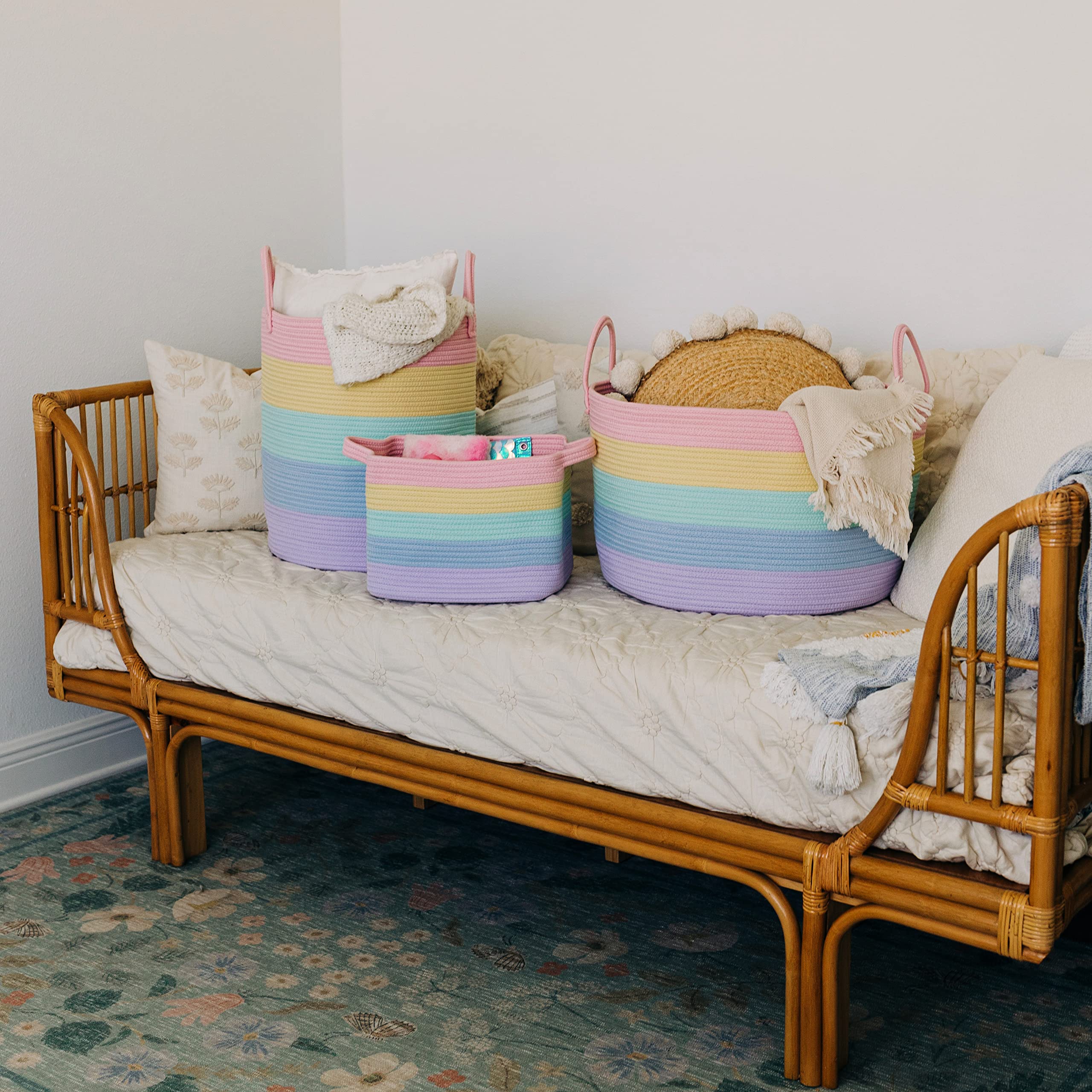 OrganiHaus Tall Rainbow Basket with Handles, Woven Cotton Rope Laundry Basket, Rope Baskets for Dirty Clothes,Towels and Blankets, Large Decorative Storage Bin for Bedroom - 38x45cm