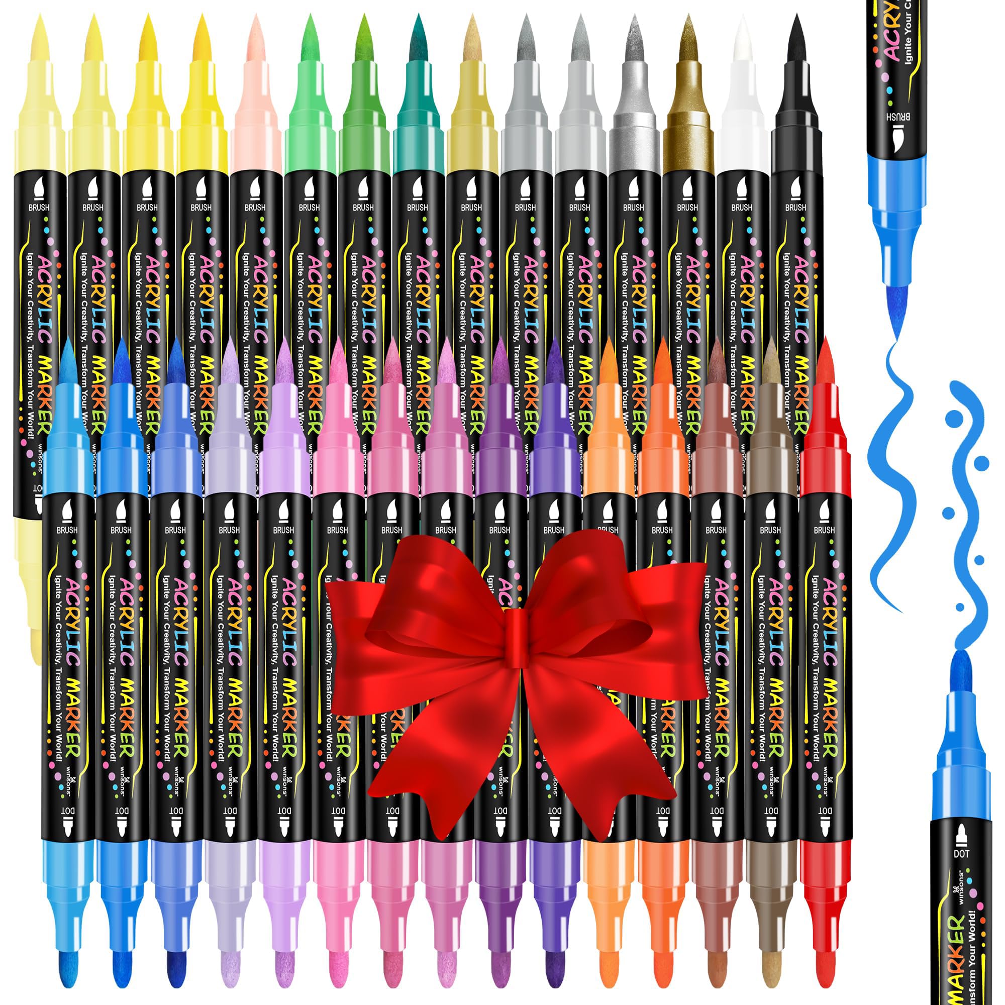 30 Colors Dual Tip Acrylic Paint Markers Pens- Premium Acrylic Paint Markers, Brush & Round Tips, Quick-Drying - for Rock, Canvas, Ceramic, Wood