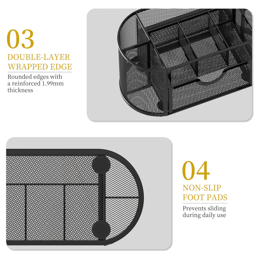 SUPEASY Mesh Desk Organizer, Desk Accessories & Workspace Organizers with Drawers, Pencil Holder for Desk with 9 Compartments for Office Supplies, 8.6 x 4.3 x 4.1 Inch, Black