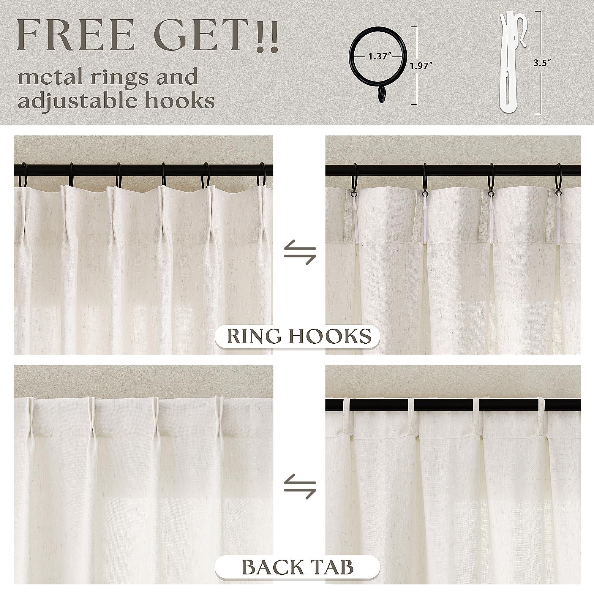 Natural Pinch Pleated Linen Curtains 96 Inches Long for Living Room Pleat Drapes Hooks Rings Back Tab Neutral Cream Ivory Semi Sheer Pleated Curtain 96 Inch Length for Bedroom Dining Office 1 Panel