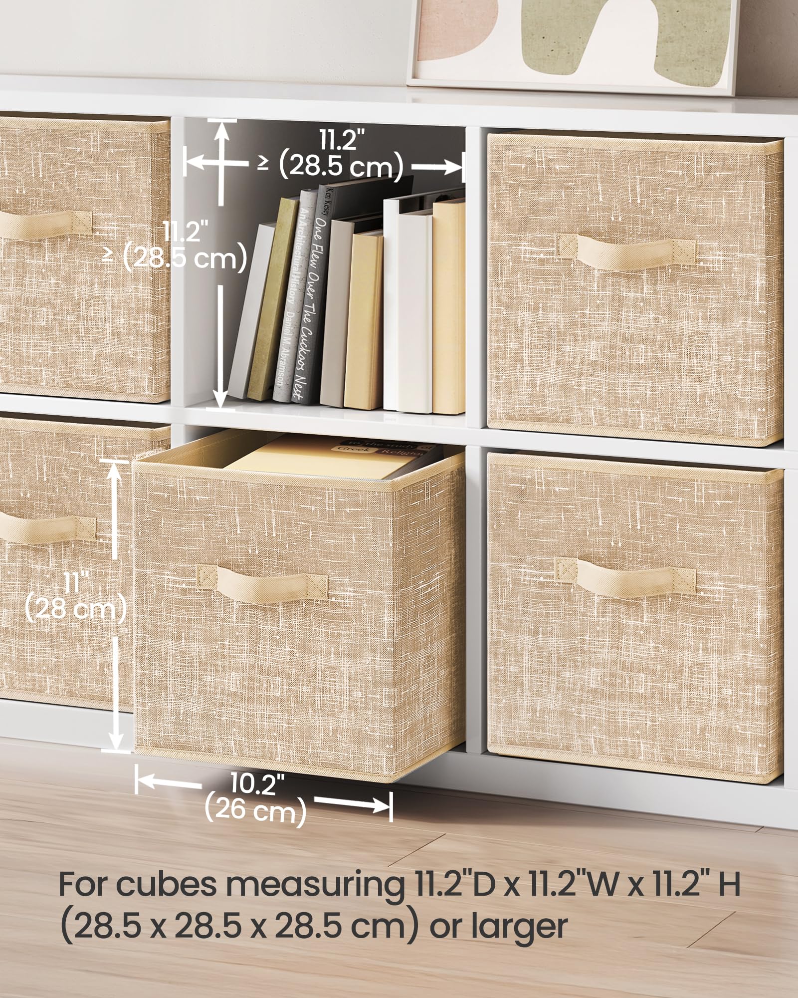 SONGMICS Storage Cubes, 28 cm Non-Woven Fabric Bins with Double Handles, Set of 6, Closet Organizers for Shelves, Foldable, for Clothes, Sand Beige UROB026K03