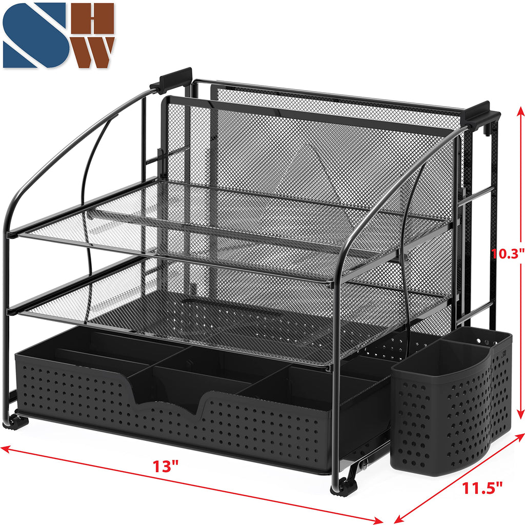 Simple Houseware 3 Tier Desk Organizer with Sliding Drawer, Hanging File Holder and Pen Holder Accessory, Black