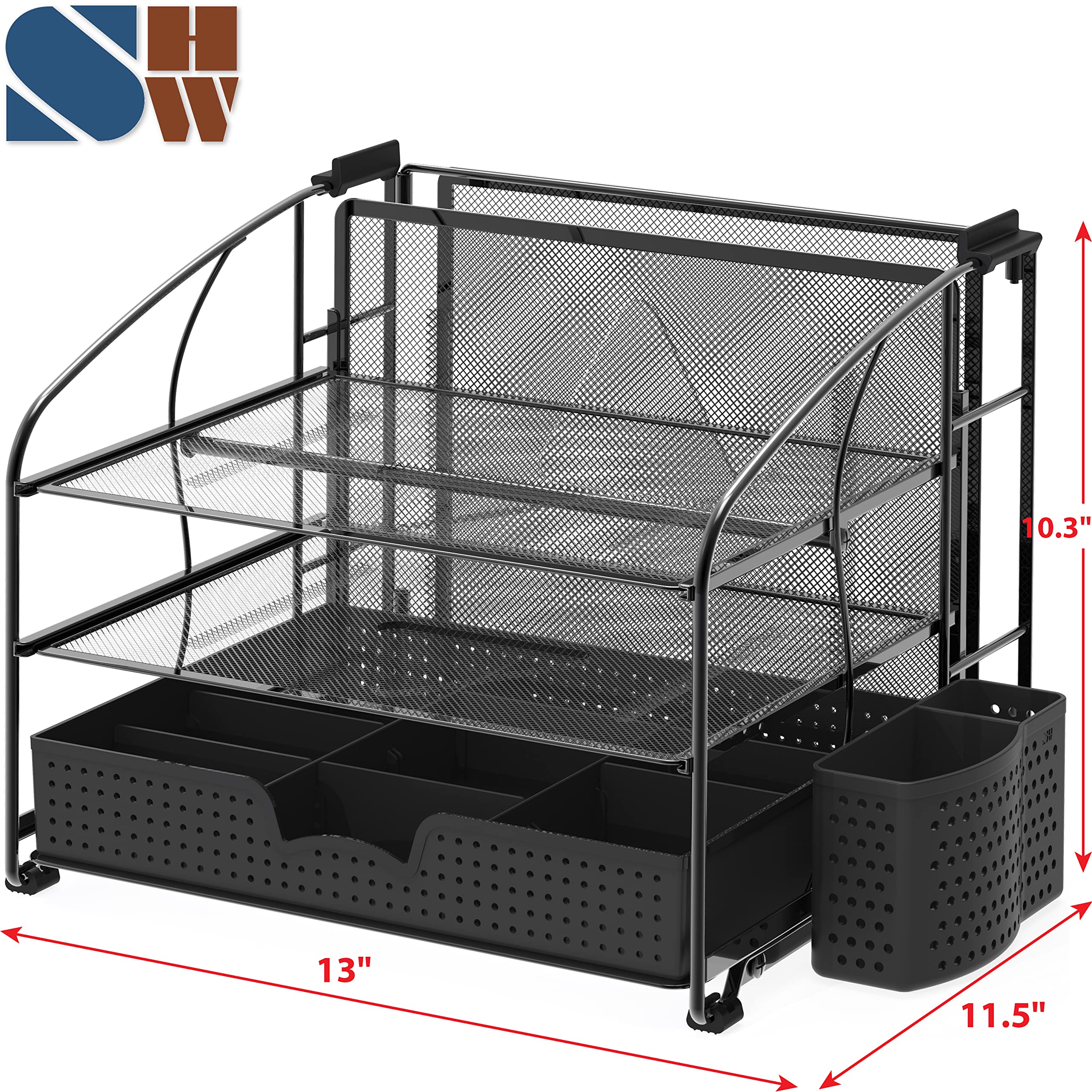 Simple Houseware 3 Tier Desk Organizer with Sliding Drawer, Hanging File Holder and Pen Holder Accessory, Black