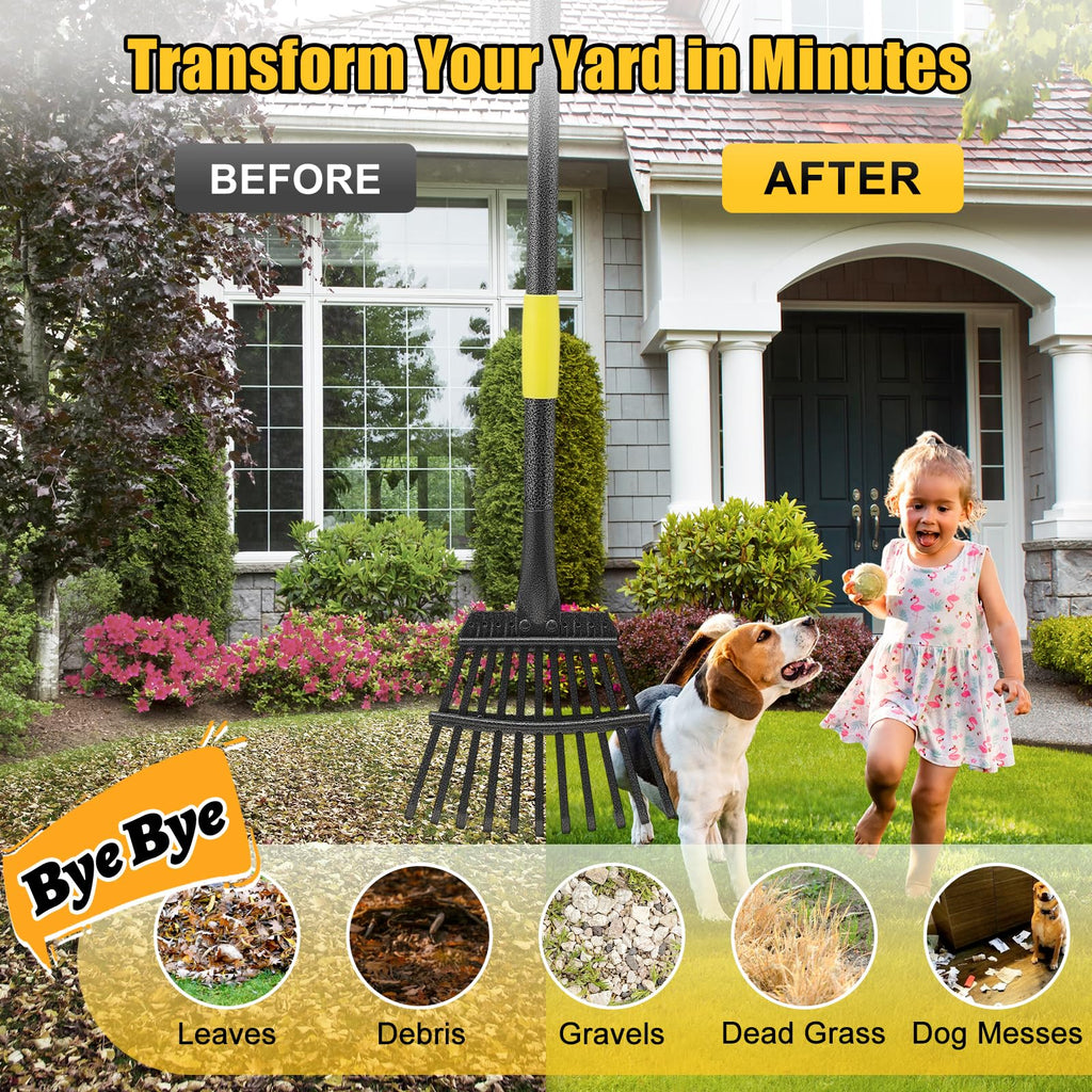 Garden Leaves Rake - 73 Inch Heavy Duty Small Shrub Rake - 11 Metal Tines - 8.5 inch Wide, Adjustable Handle,Garden Leaf Rakes for Collecting Debris Among Flower Beds, Delicate Plants, Lawns ,Yard