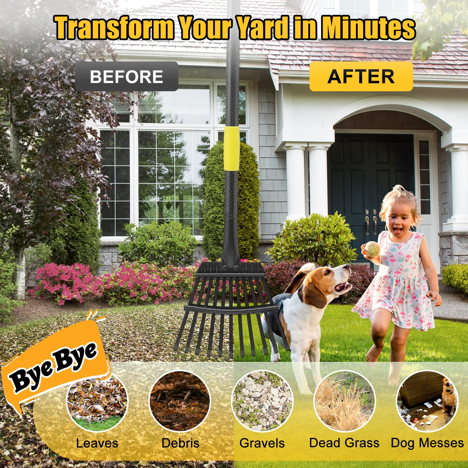 Garden Leaves Rake - 73 Inch Heavy Duty Small Shrub Rake - 11 Metal Tines - 8.5 inch Wide, Adjustable Handle,Garden Leaf Rakes for Collecting Debris Among Flower Beds, Delicate Plants, Lawns ,Yard