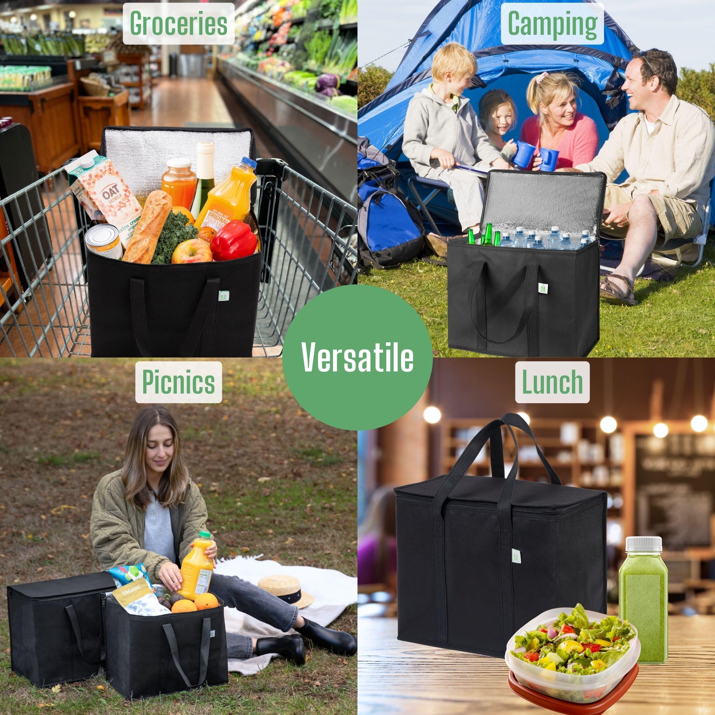 VENO 2 Pack Insulated Reusable Grocery Bag, Food Delivery Bag, Durable, Heavy Duty, Large Size, Stands Upright, Collapsible, Sturdy Zipper, Reusable and Sustainable (Black, 2 Pack)