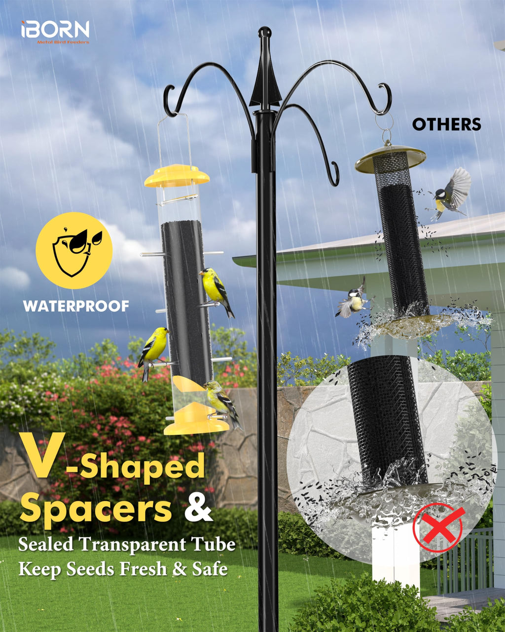 iBorn Nyjer & Thistle Bird Feeder for Outdoors Hanging，Finch Feeders for Outside，Metal Tube Bird Feeder 14 Inch with 12 Small Ports,8 Metal Perches,Yellow