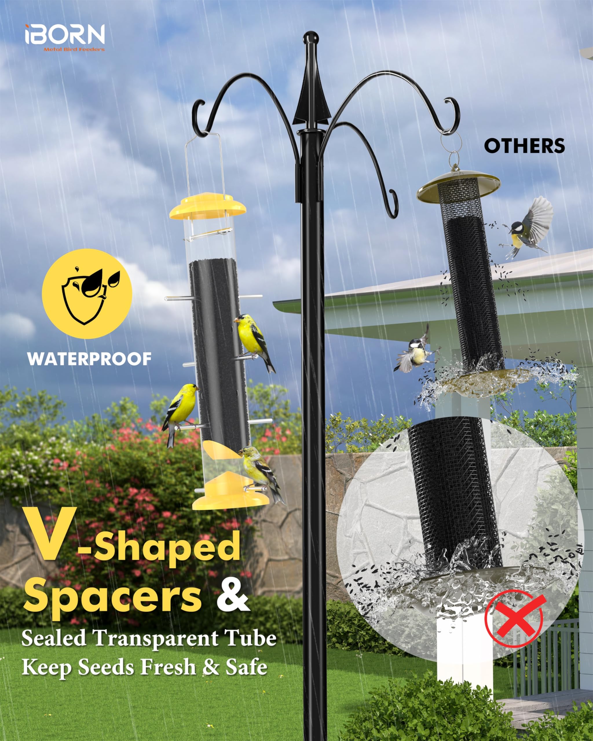 iBorn Nyjer & Thistle Bird Feeder for Outdoors Hanging，Finch Feeders for Outside，Metal Tube Bird Feeder 14 Inch with 12 Small Ports,8 Metal Perches,Yellow